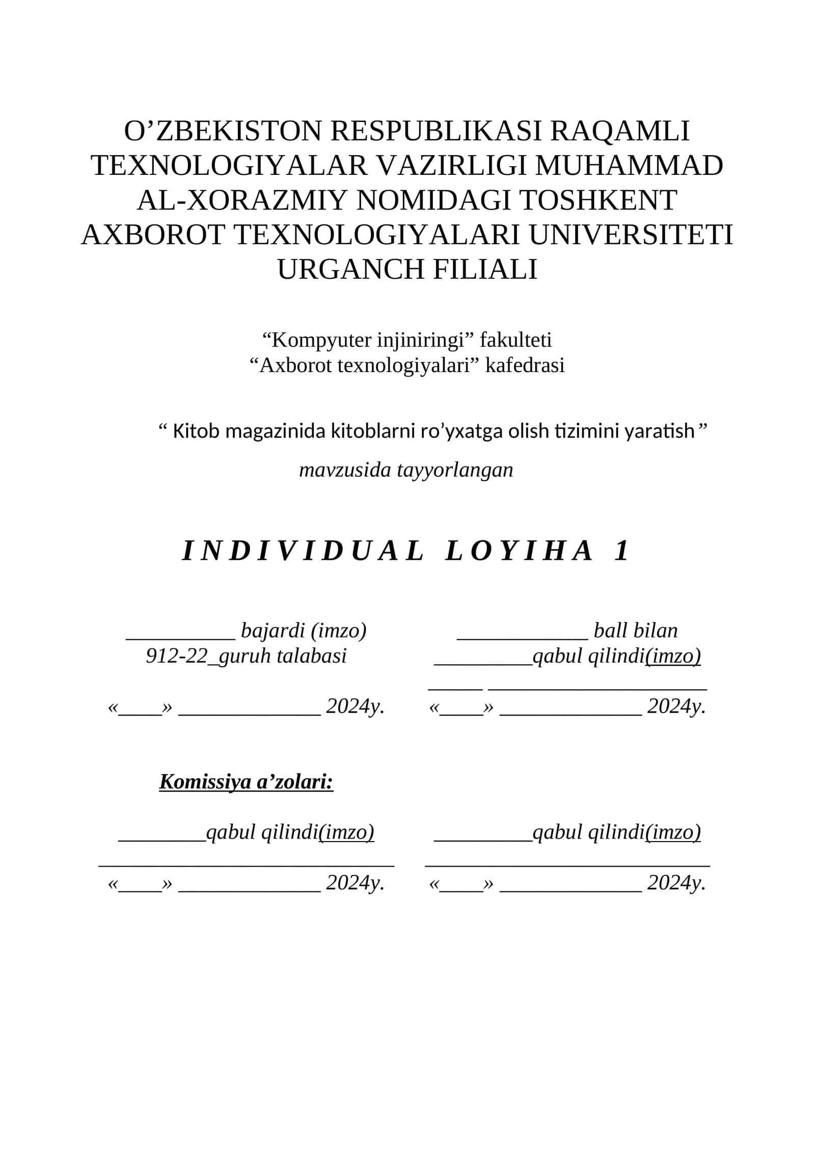 Kitob magazinida kitoblarni ro’yxatga olish tizimini yaratish