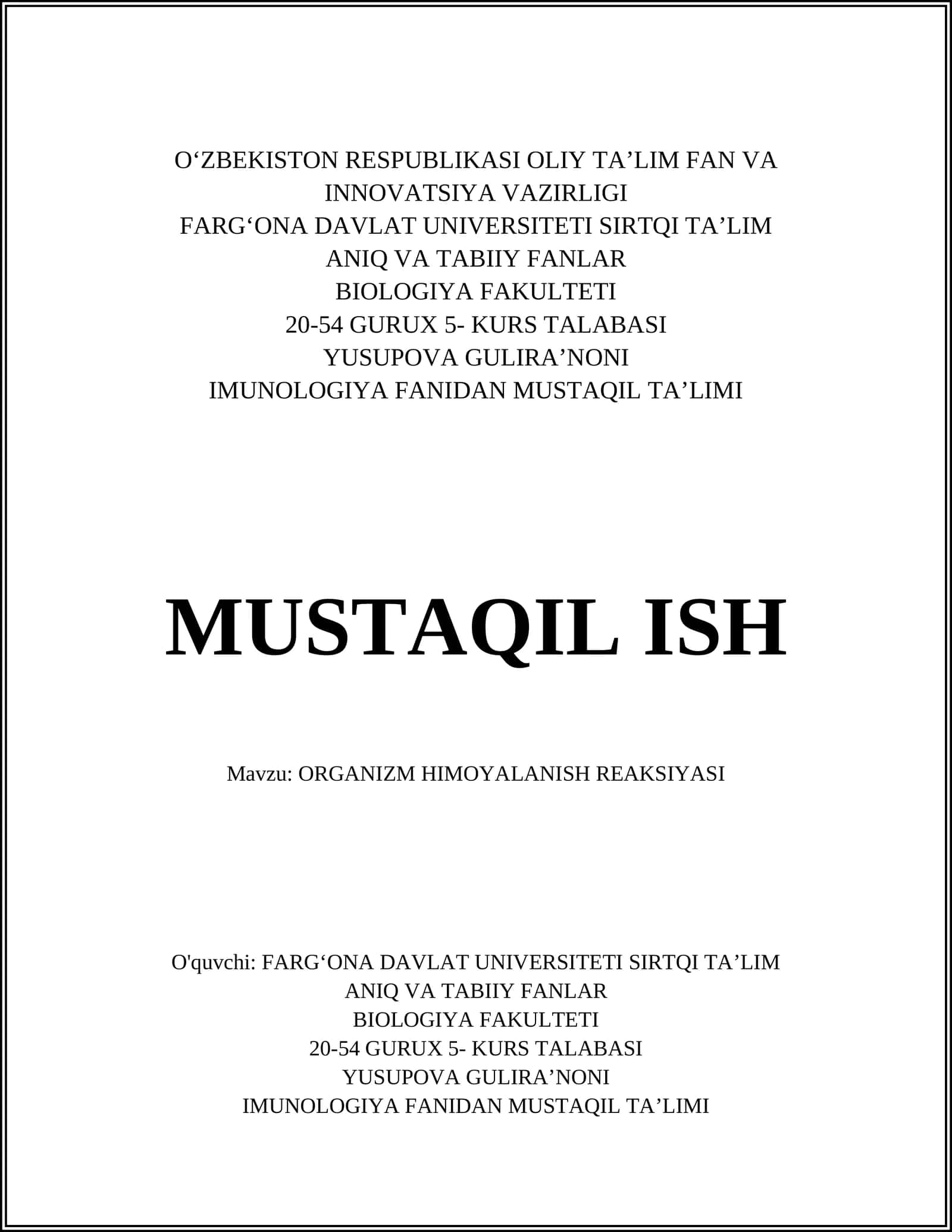 ORGANIZM HIMOYALANISH REAKSIYASI