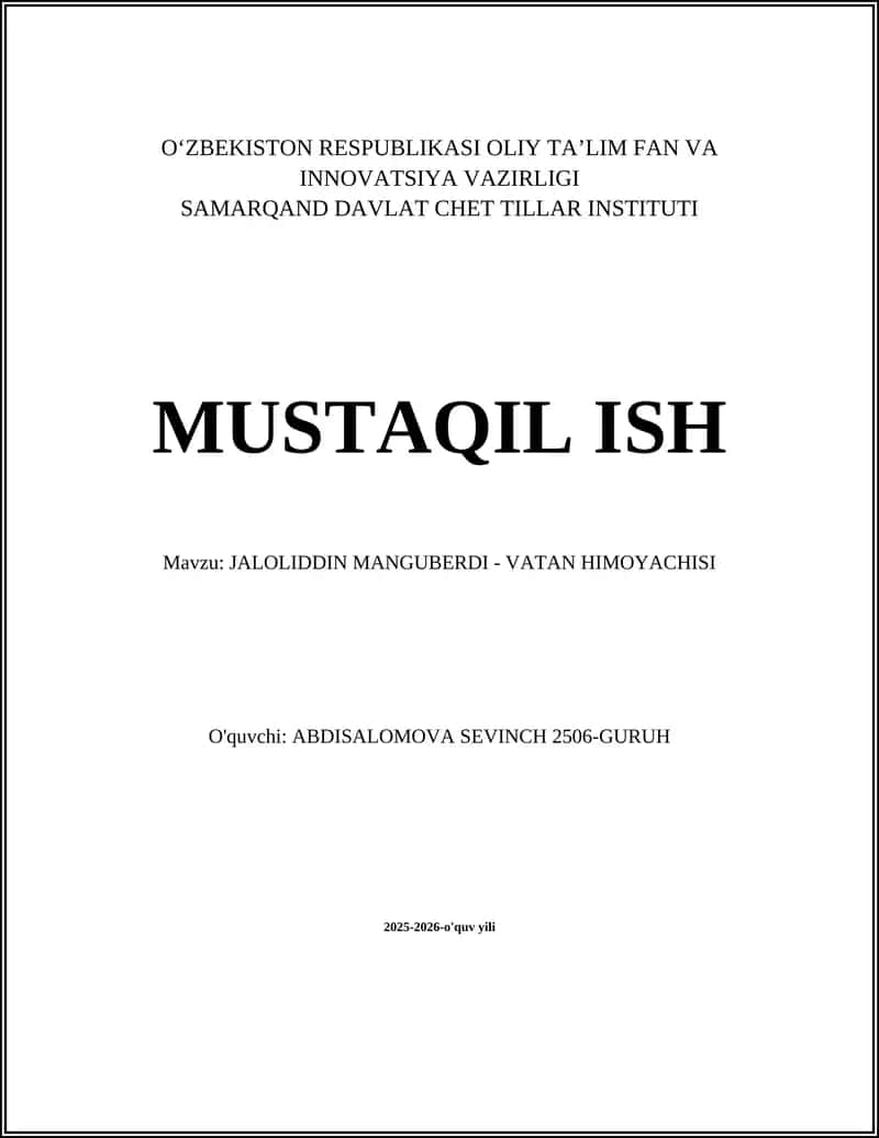 JALOLIDDIN MANGUBERDI - VATAN HIMOYACHISI
