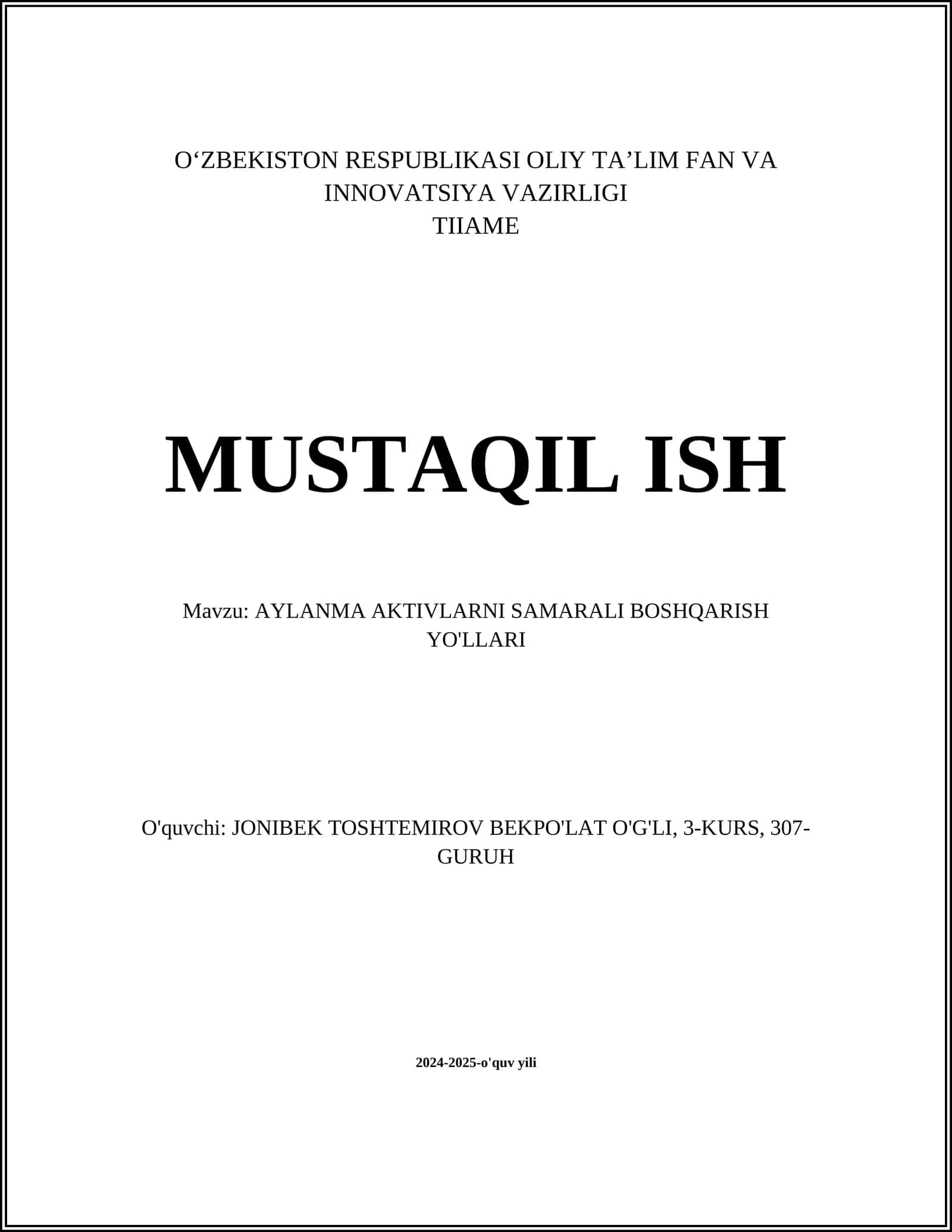 AYLANMA AKTIVLARNI SAMARALI BOSHQARISH YO'LLARI