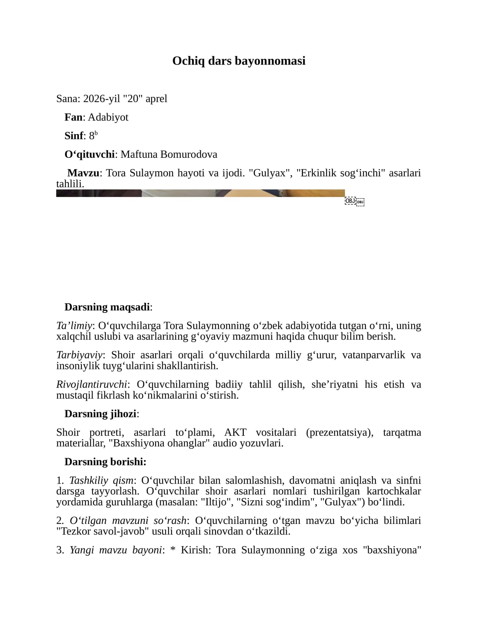 Tora Sulaymon hayoti va ijodi. "Gulyax", "Erkinlik sog‘inchi" asarlari tahlili
