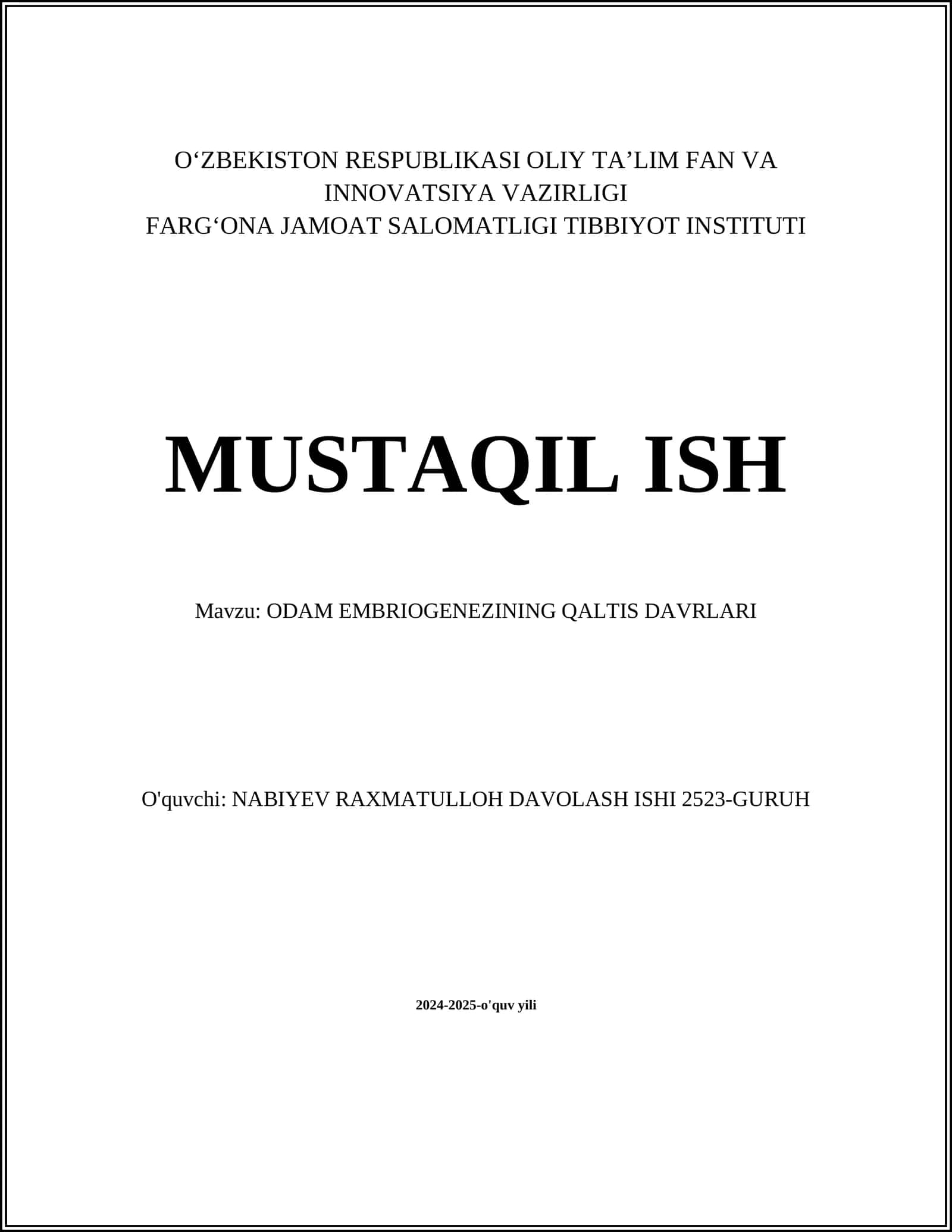 ODAM EMBRIOGENEZINING QALTIS DAVRLARI