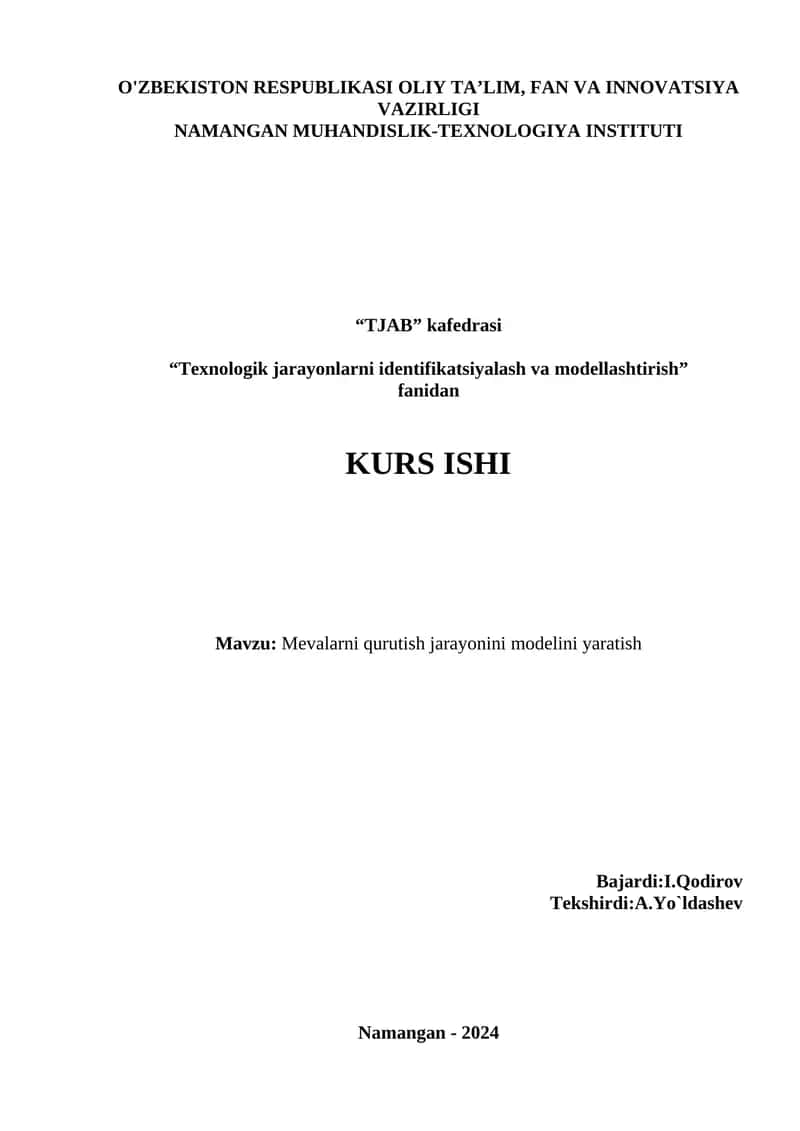 Mevalarni qurutish jarayonini modelini yaratish