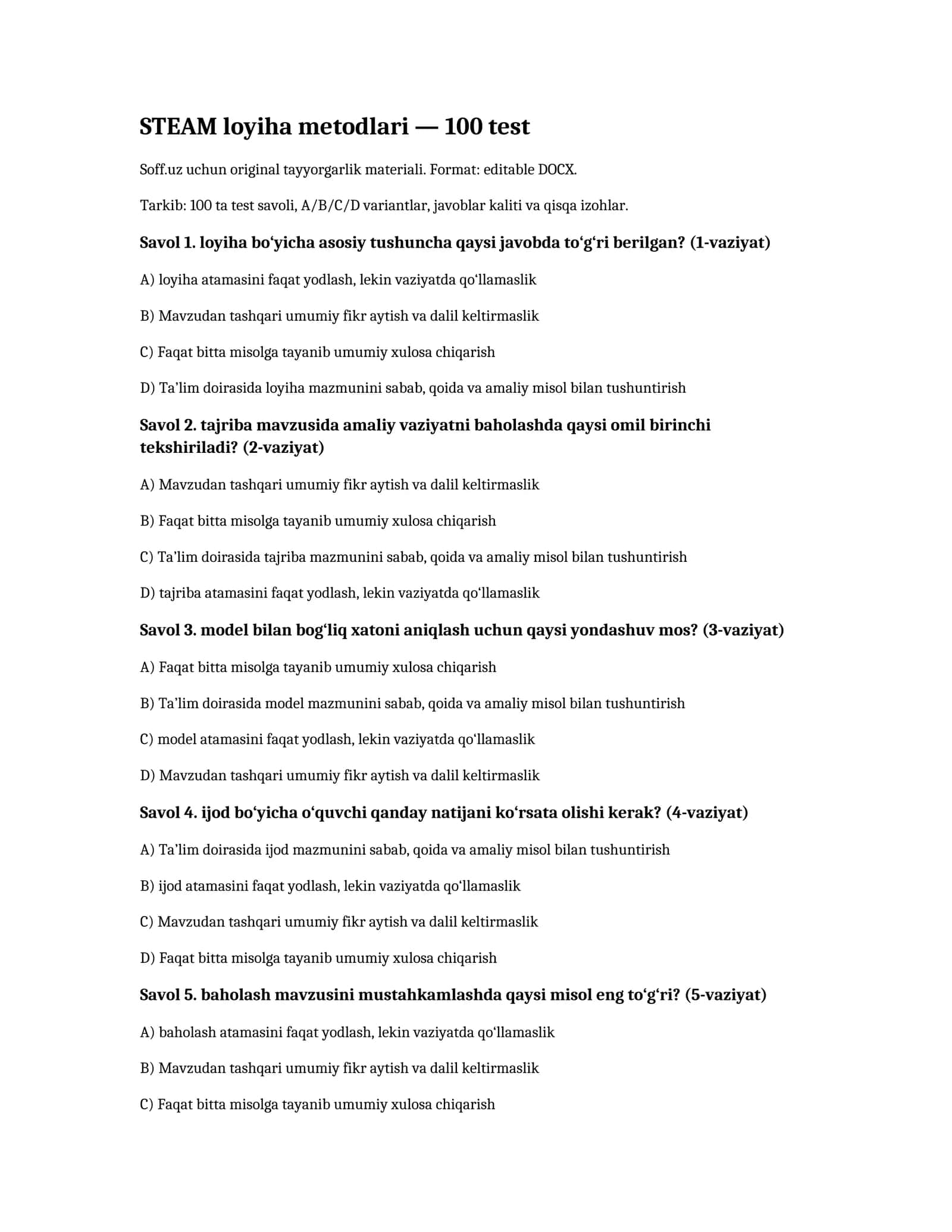 STEAM loyiha metodlari — 100 test