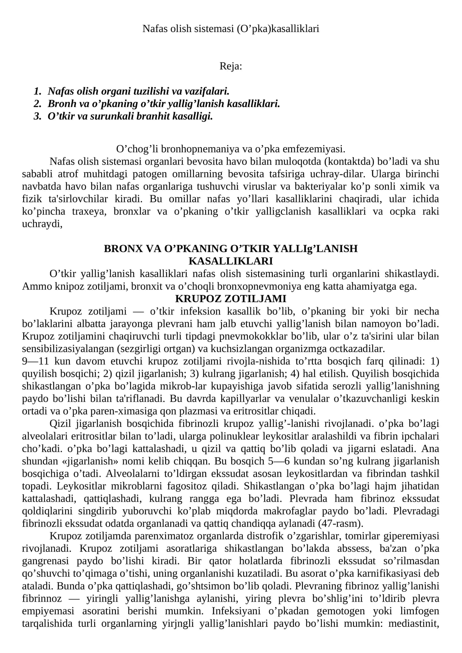 Nafas olish sistemasi (O’pka) kasalliklari