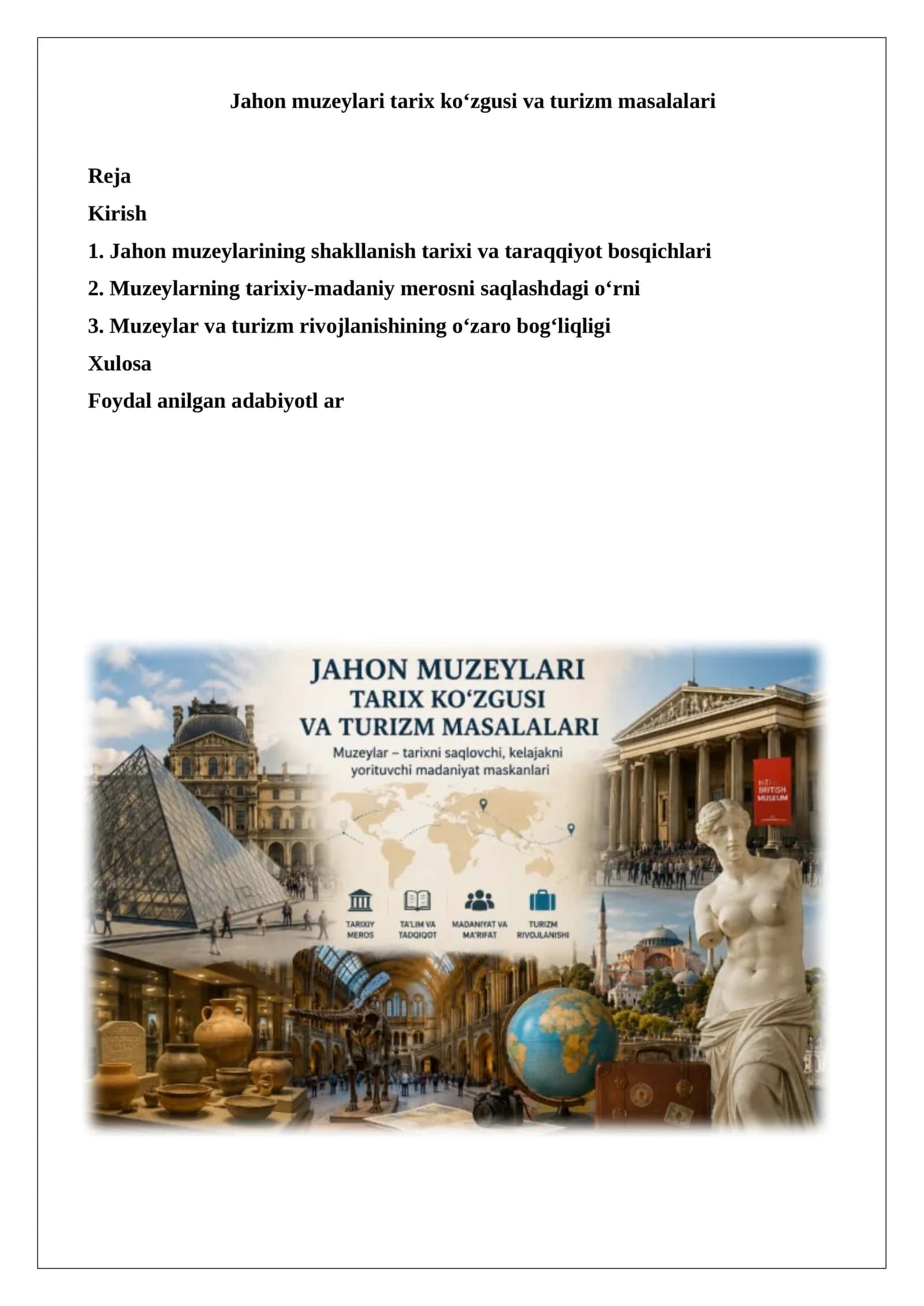 Jahon muzeylari tarixi va turizm masalalari