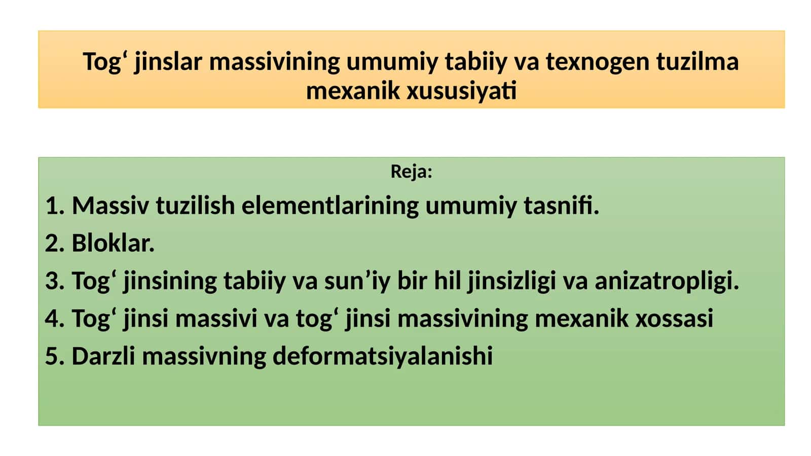Tog‘jinslarmassivining umumiy tabiiy va texnogen tuzilmas mexanik xususiyati
