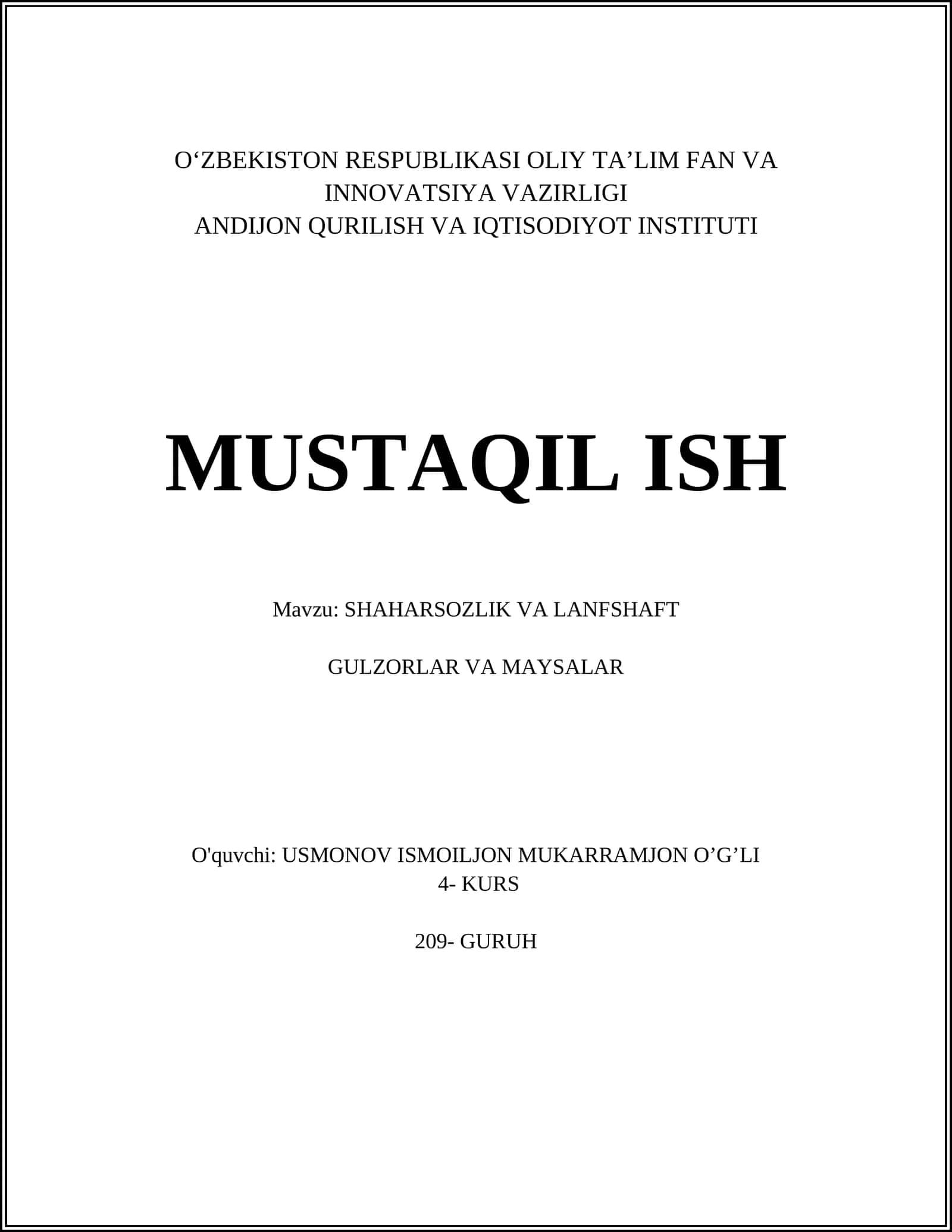 SHAHARSOZLIK VA LANFSHAFT GULZORLAR VA MAYSALAR