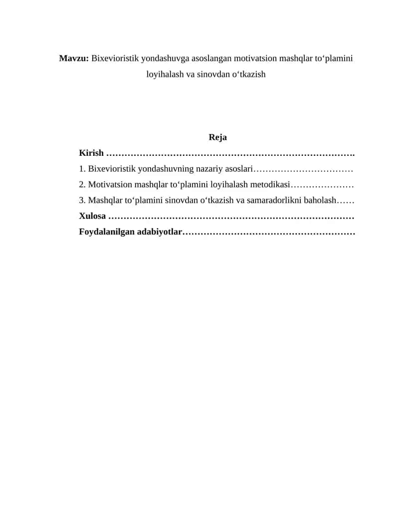 Bixevioristik yondashuvga asoslangan motivatsion mashqlar to‘plamini loyihalash va sinovdan o‘tkazish