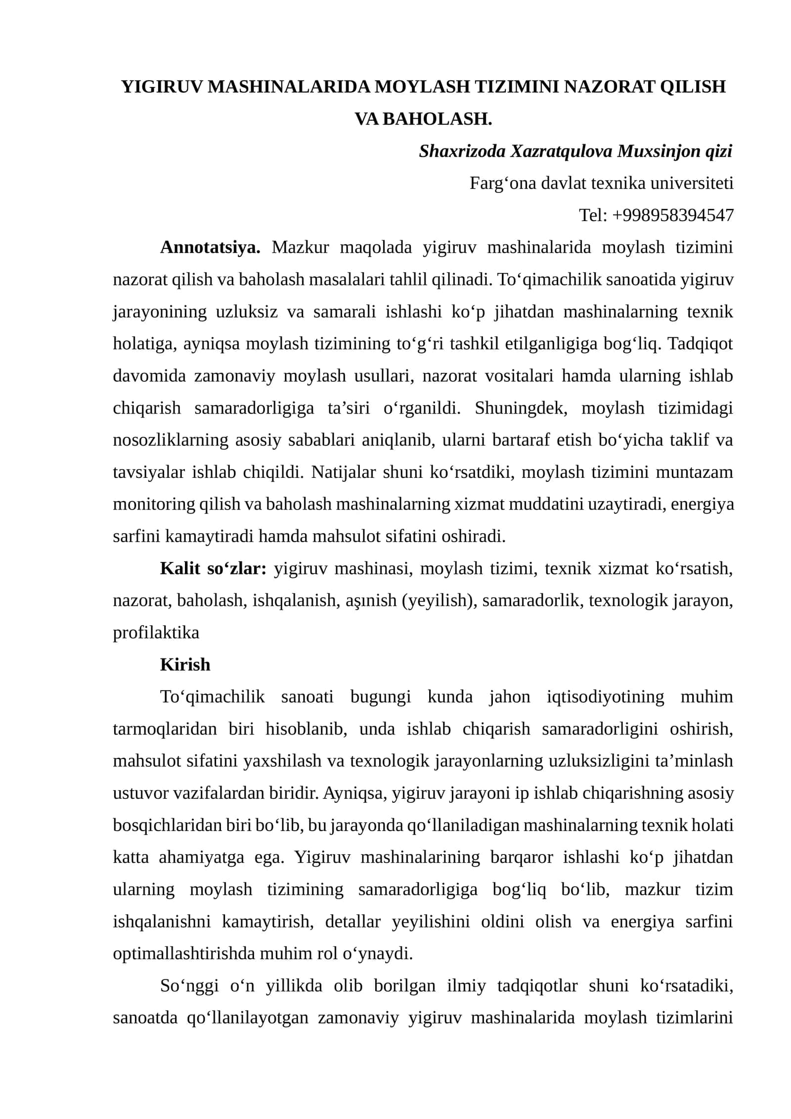 YIGIRUV MASHINALARIDA MOYLASH TIZIMINI NAZORAT QILISH VA BAHOLASH