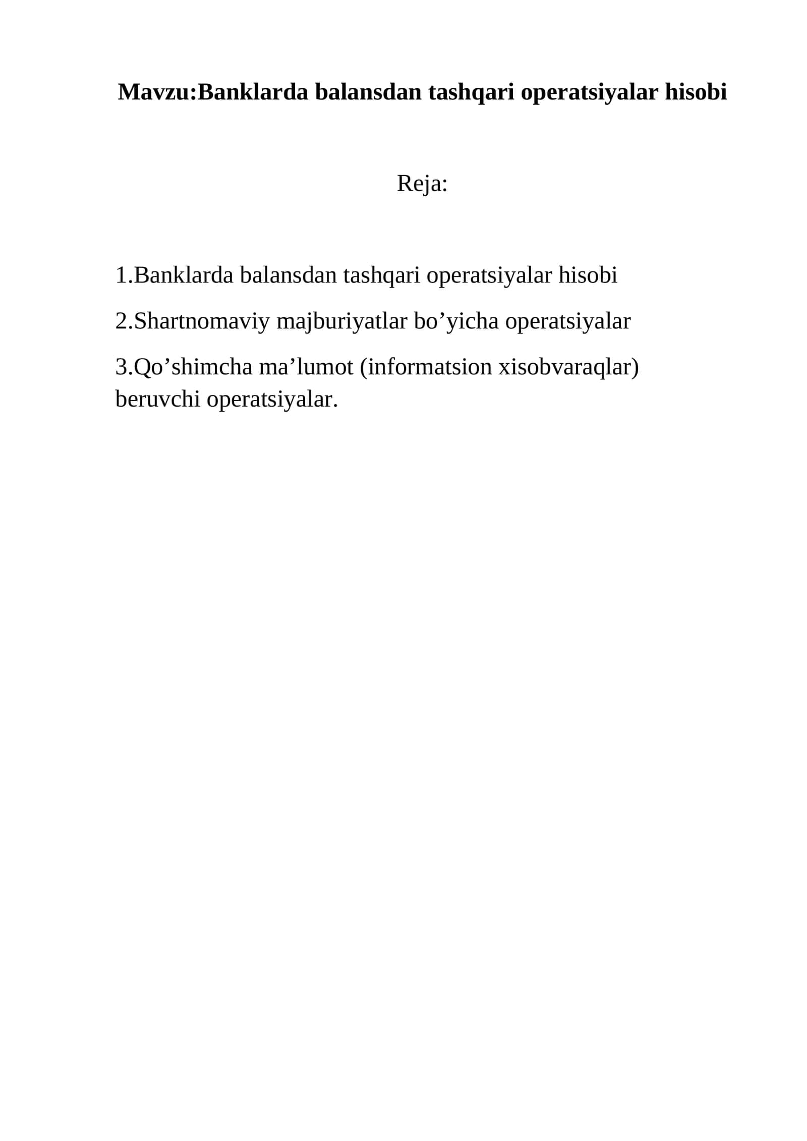 Banklarda balansdan tashqari operatsiyalar hisobi