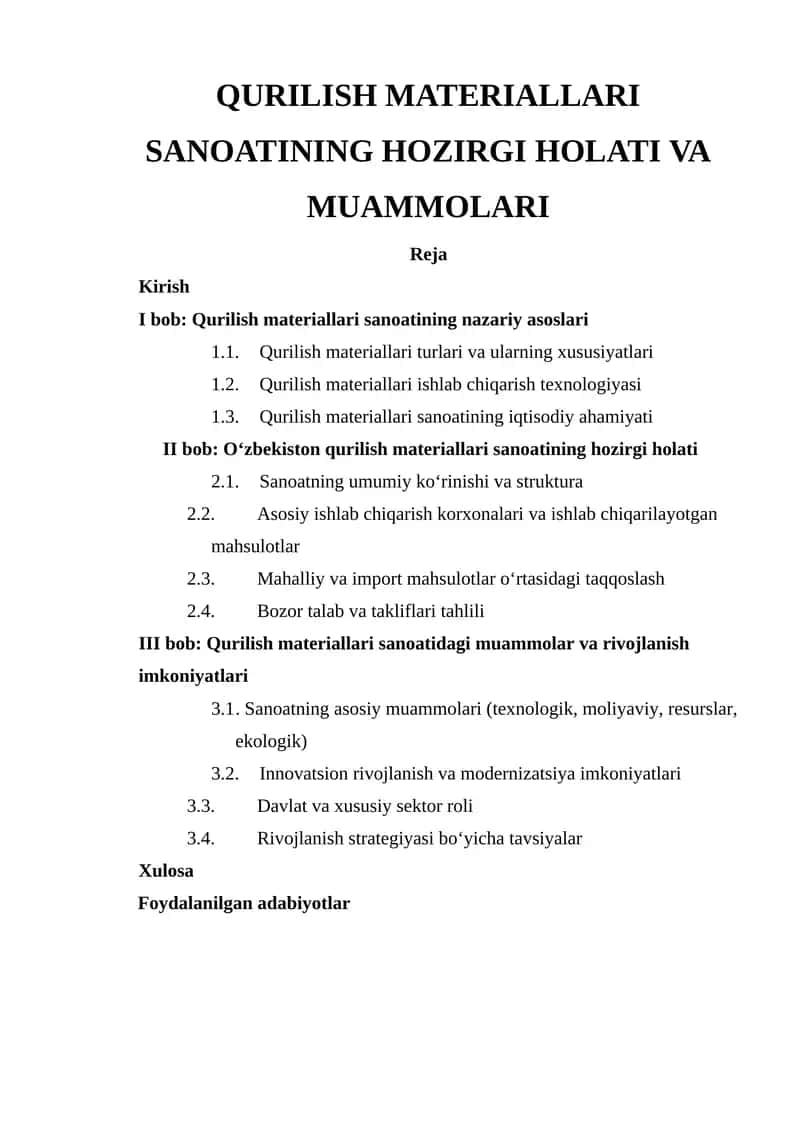 Qurilish Materiallari Sanoating Holati va Muammonlari