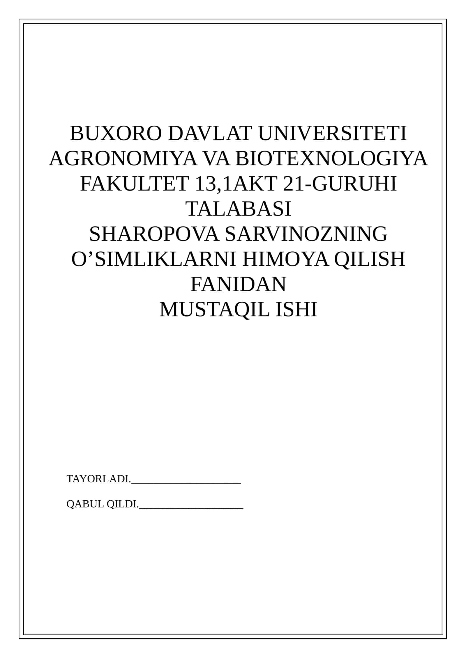 O'SIMLIKlarni himoya qilish