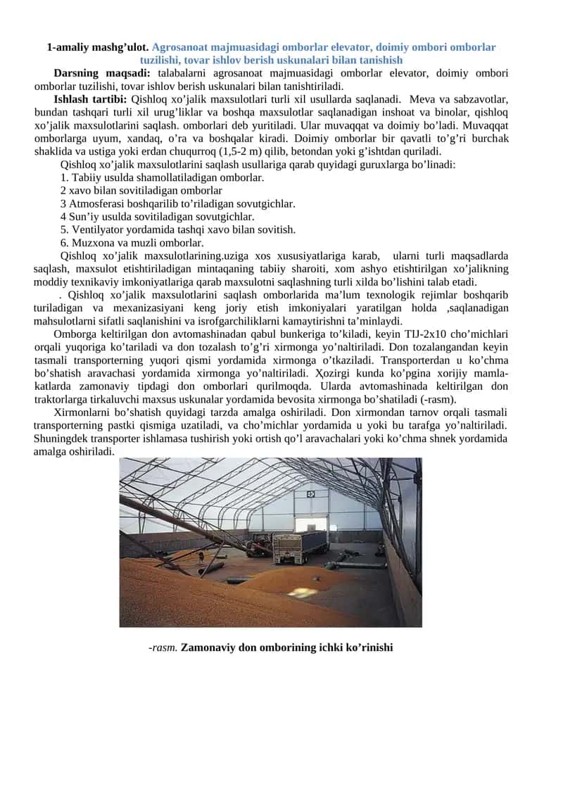 Agrosanoat majmuasidagi omborlar elevator va tovar ishlov berish uskunalari