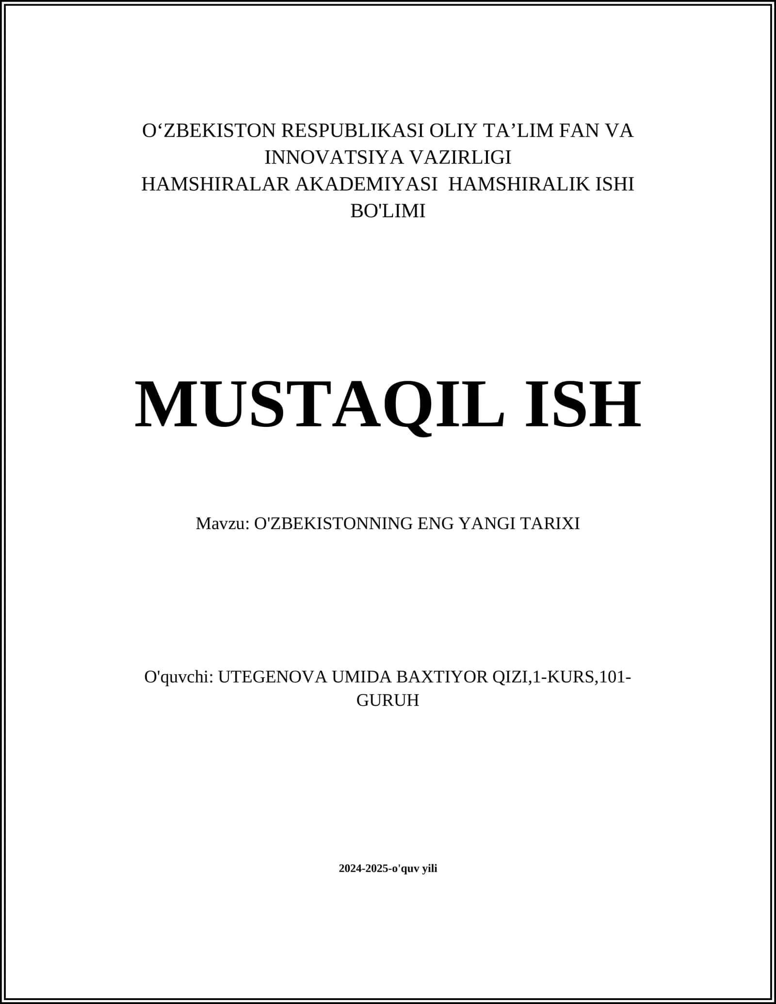 O'ZBEKISTONNING ENG YANGI TARIXI