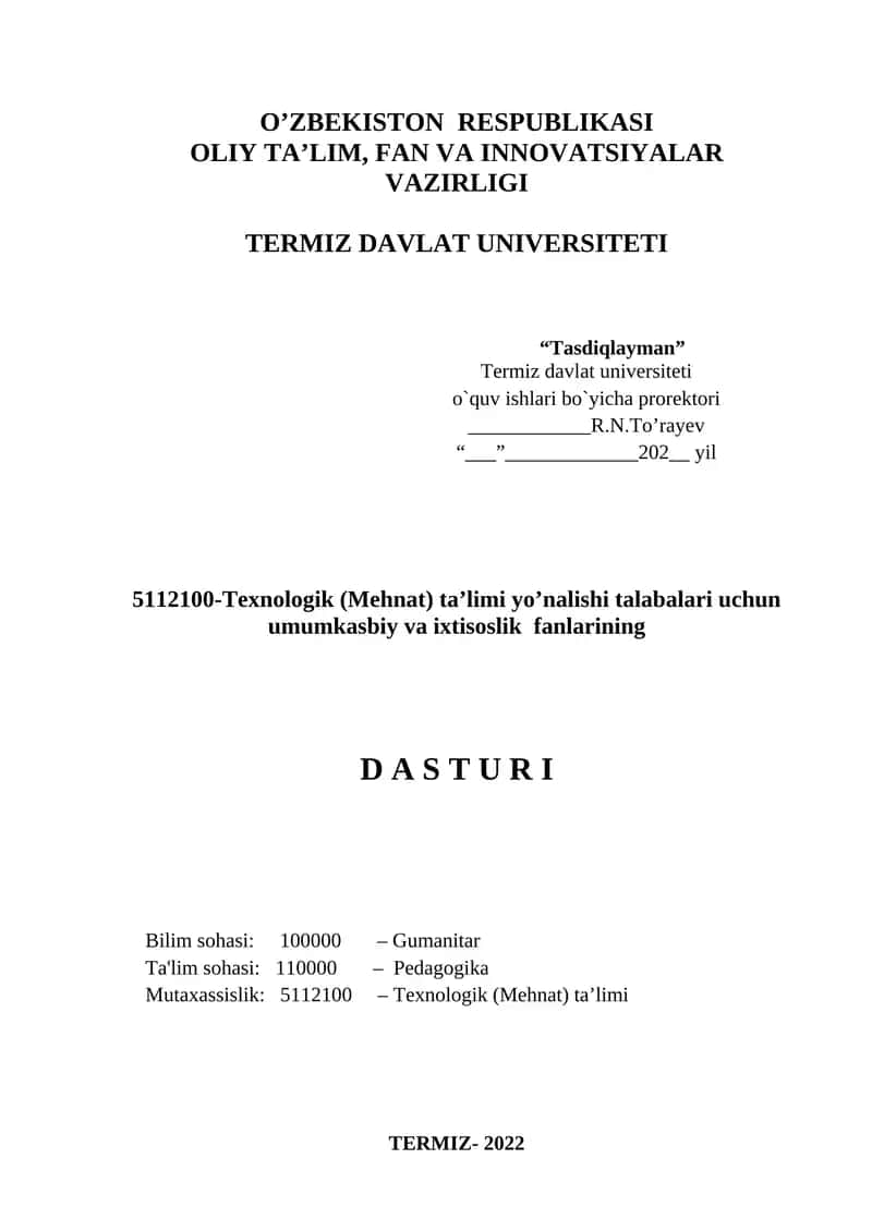 Texnologik (Mehnat) ta’limi Dasturi