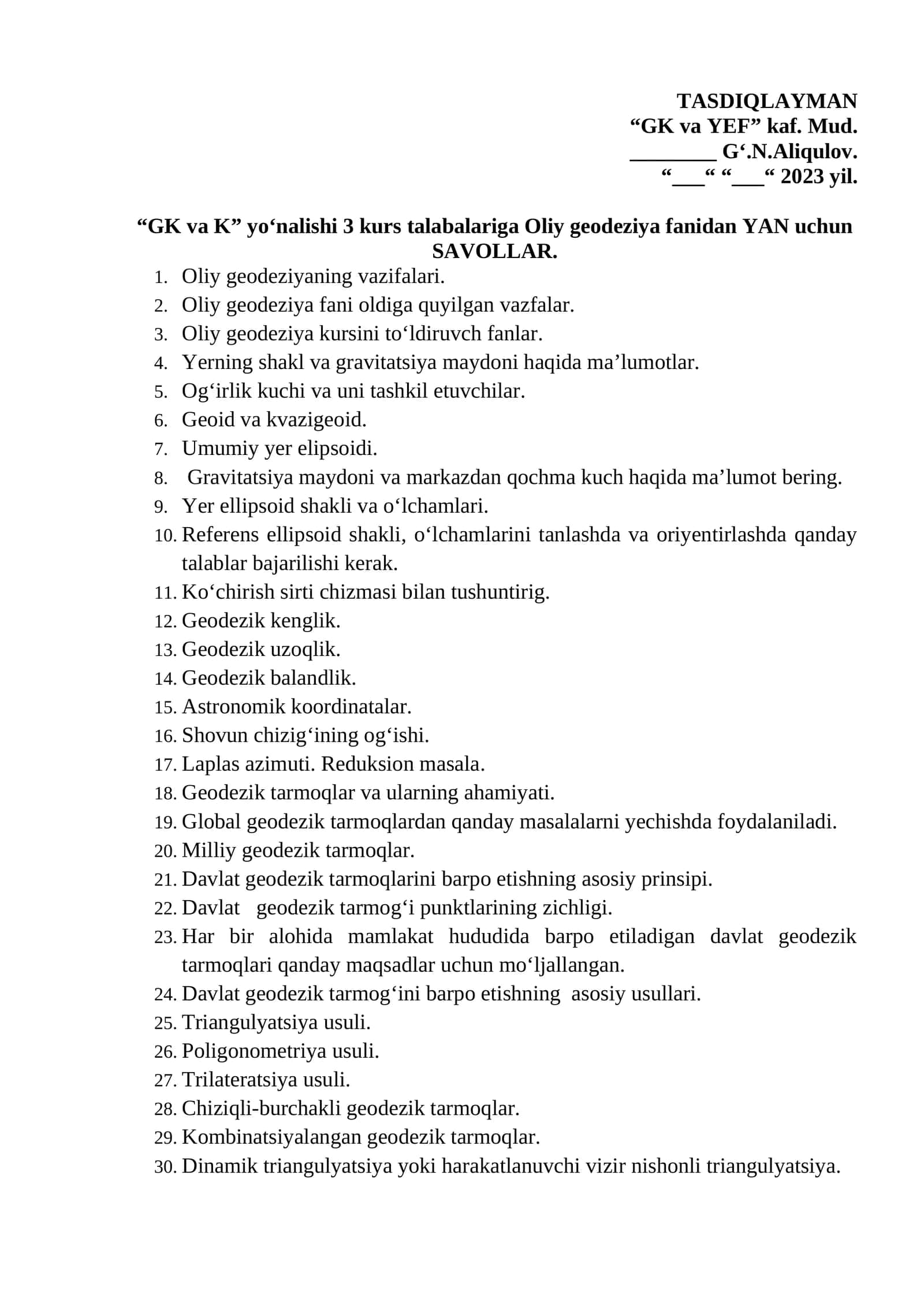 Oliy geodeziya fanidan SAVOLLAR