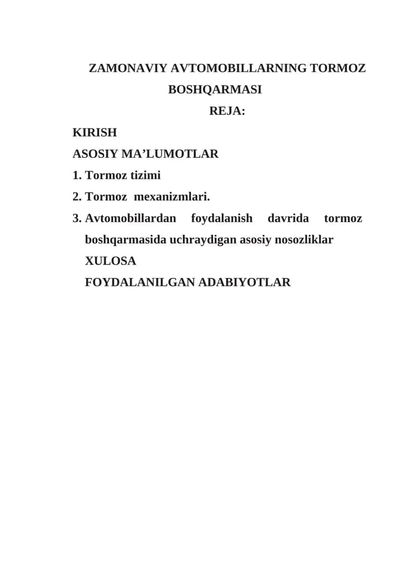 ZAMONAVIY AVTOMOBILLARNING TORMOZ BOSHQARMASI