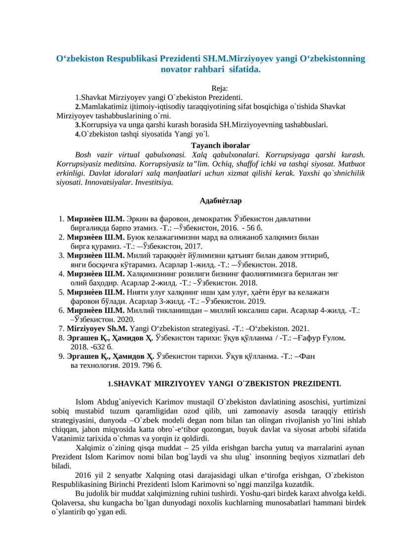 O‘zbekiston Respublikasi Prezidenti SH.M.Mirziyoyev yangi O‘zbekistonning novator rahbari sifatida.