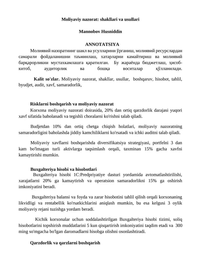 Moliyaviy nazorat: shakllari va usullari