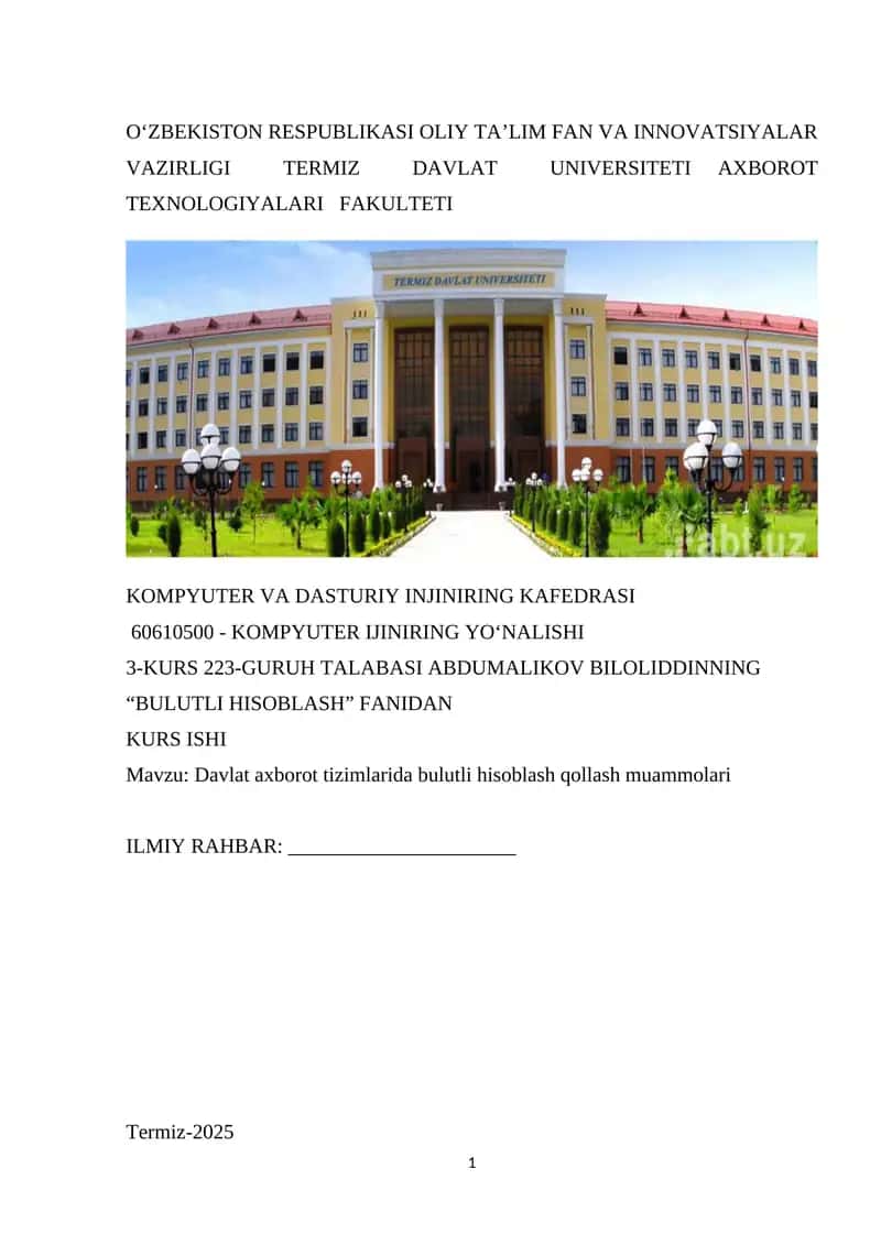 "BULUTLI HISOBLASH" FANIDAN KURS ISHI