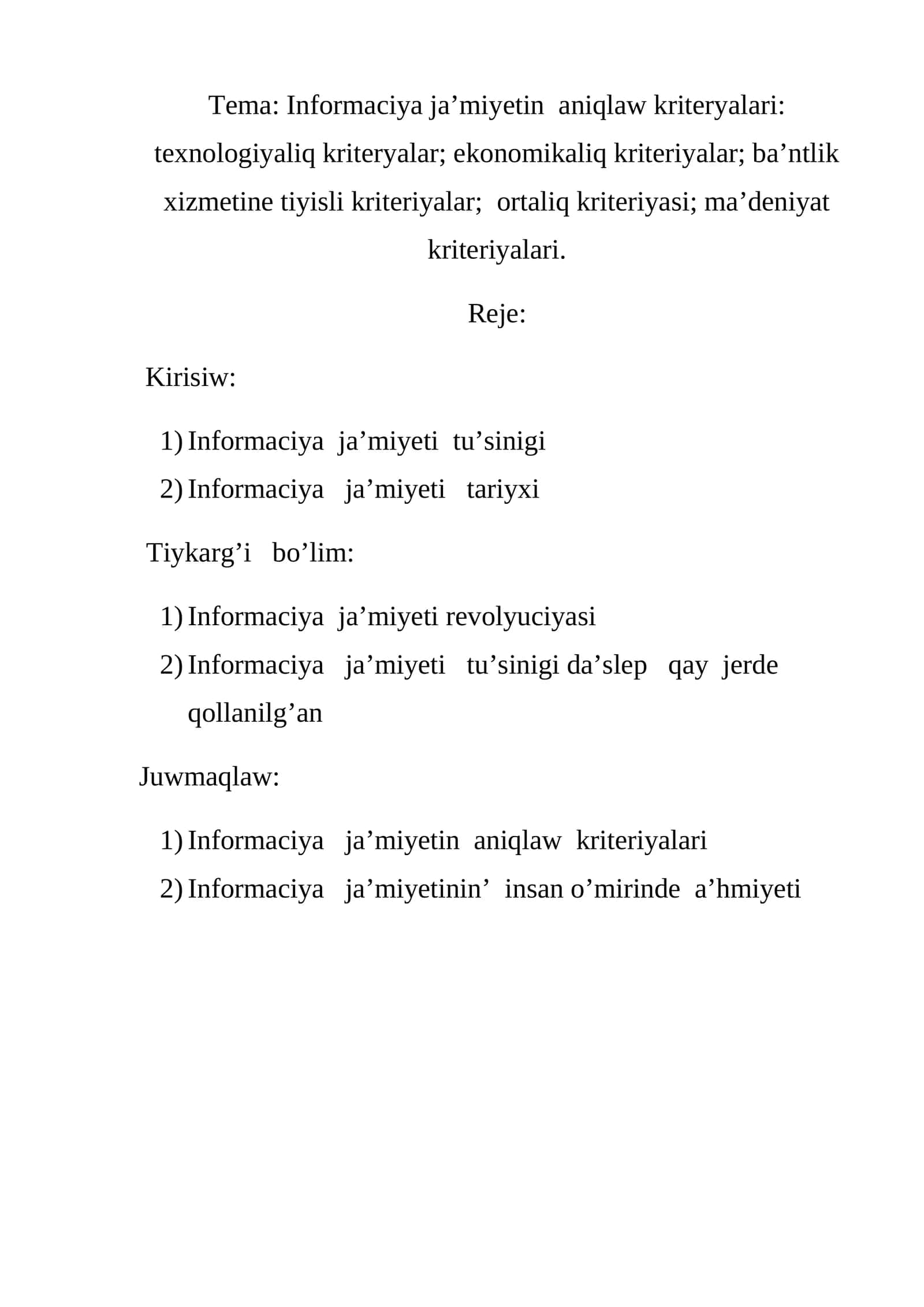 Informaciya ja’miyetin aniqlaw kriteryalari
