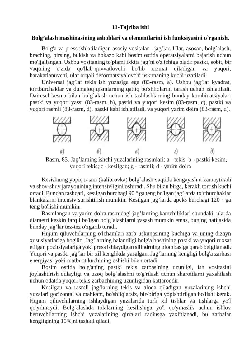 11-Tajriba ishi. Bolg’alash mashinasining asboblari va elementlarini ish funksiyasini o`rganish
