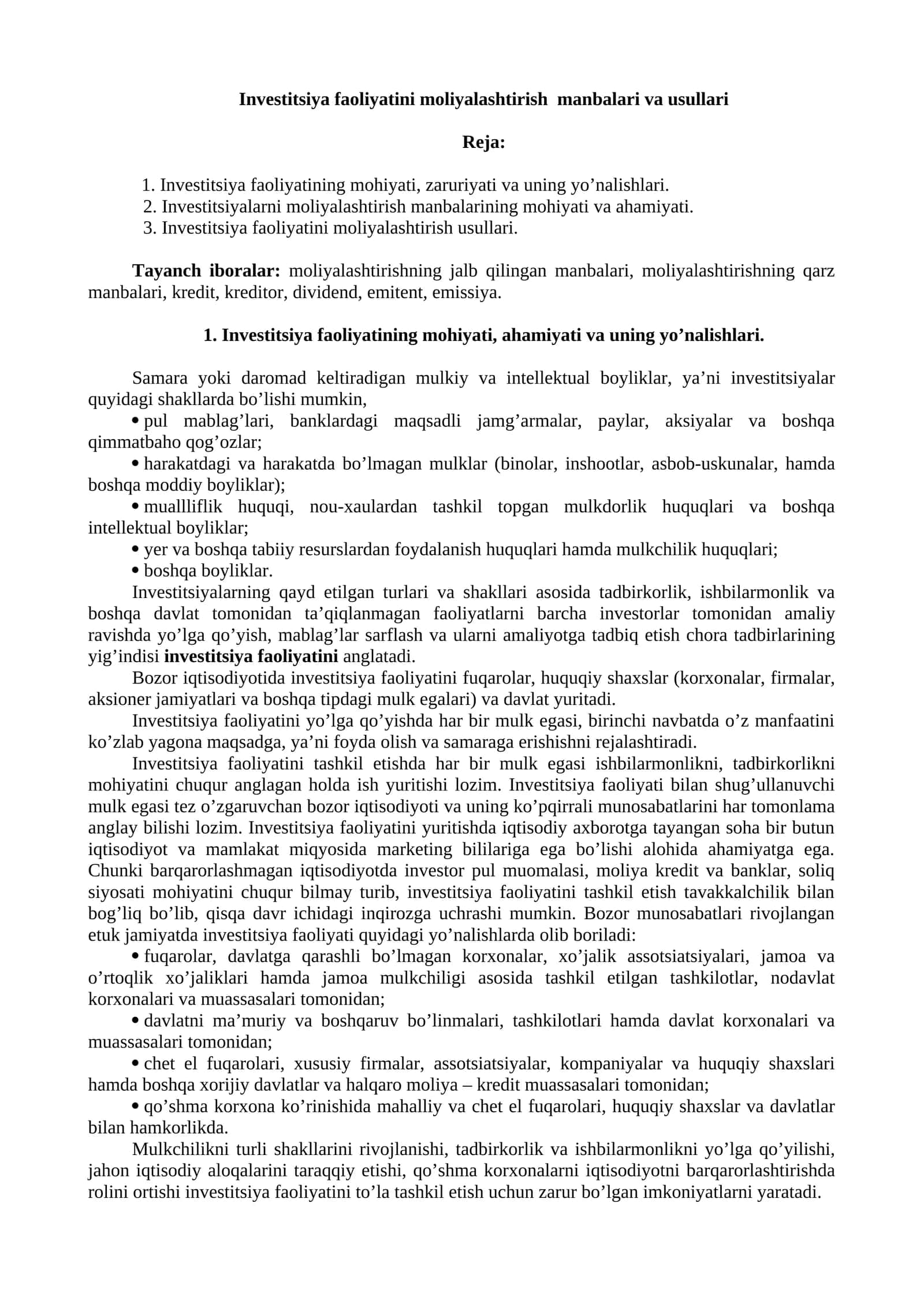 Investitsiya faoliyatini moliyalashtirish manbalari va usullari