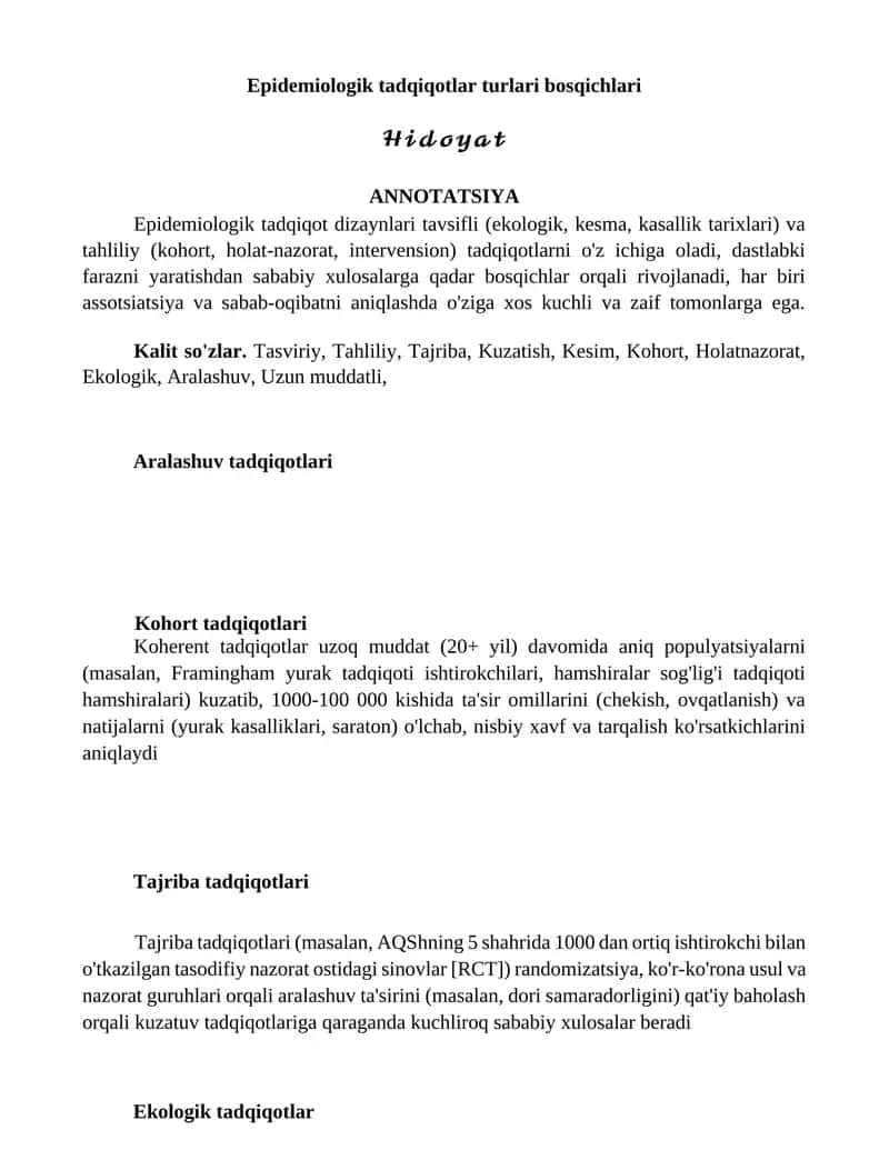 Epidemiologik tadqiqotlar turlari bosqichlari