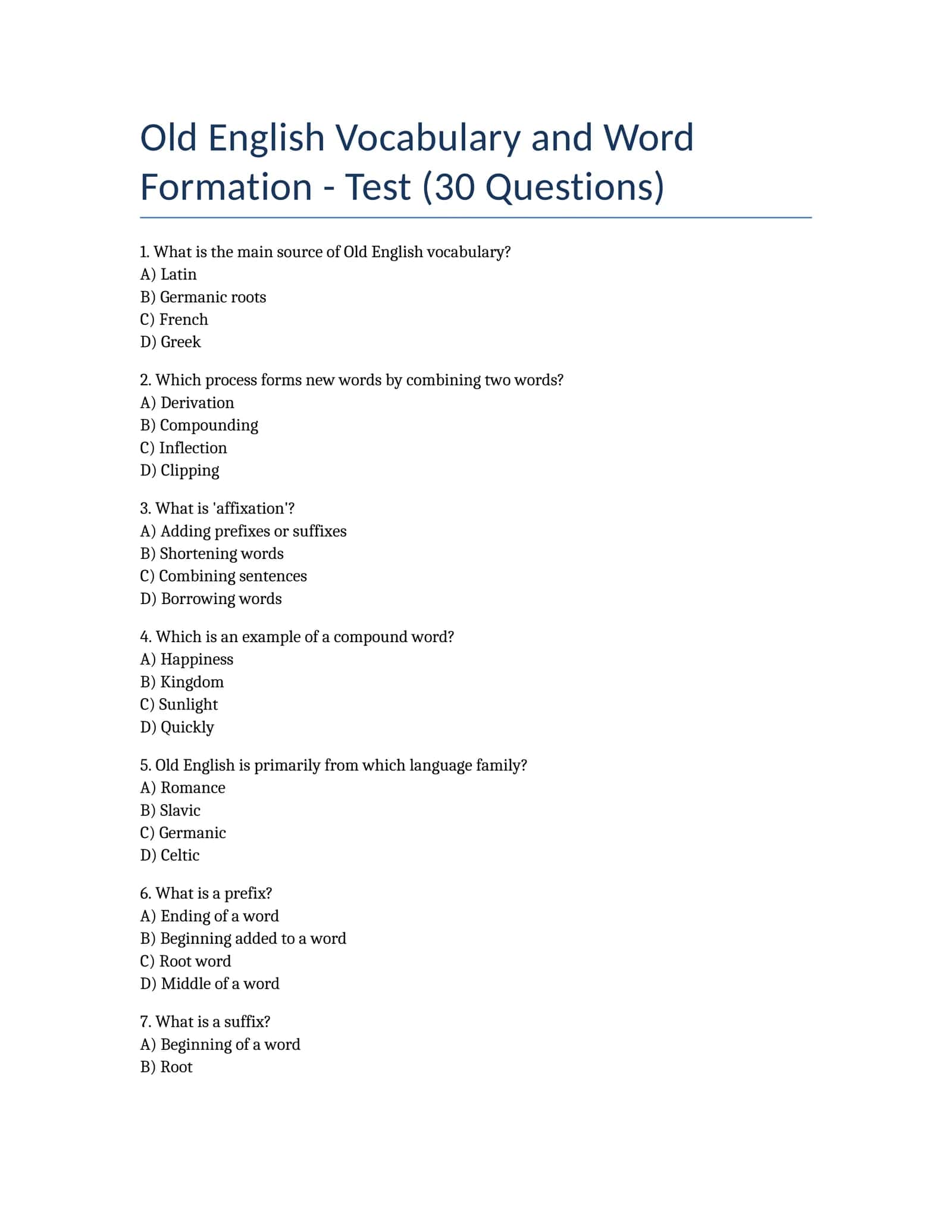 Old English Vocabulary and Word Formation - Test (30 Questions)