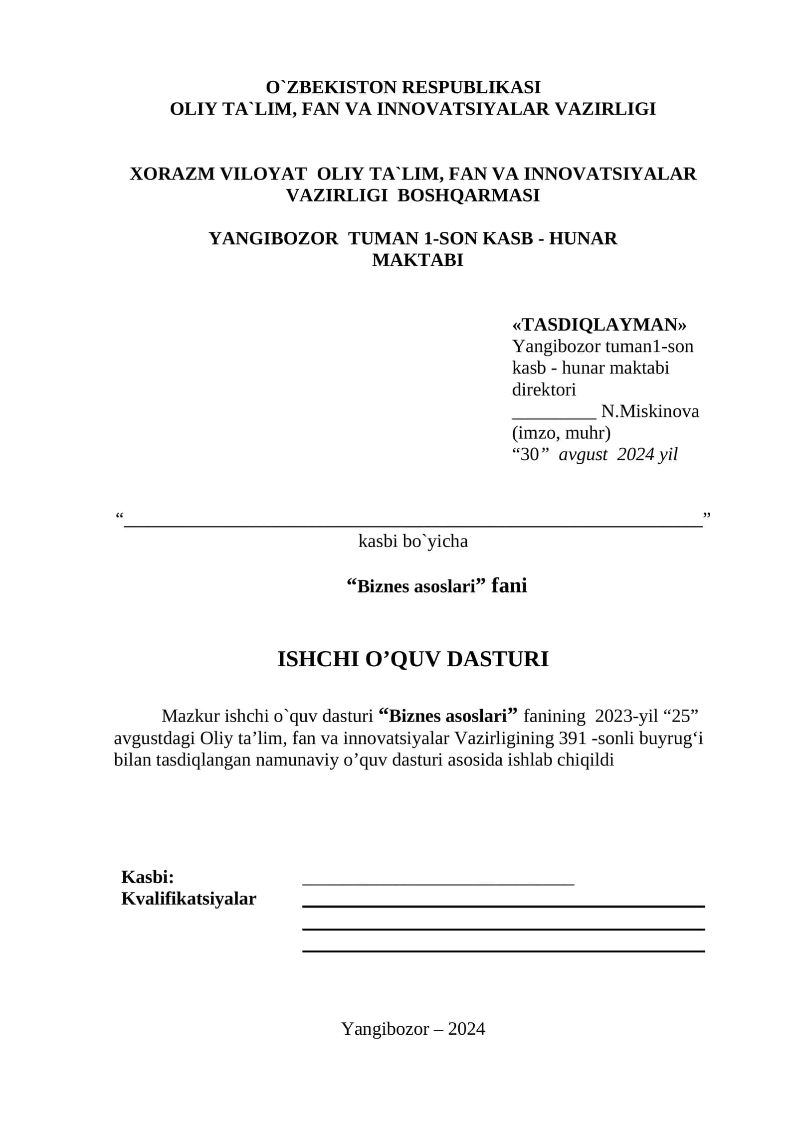 Ishchi O`quv Dasturi "Biznes Asoslari"