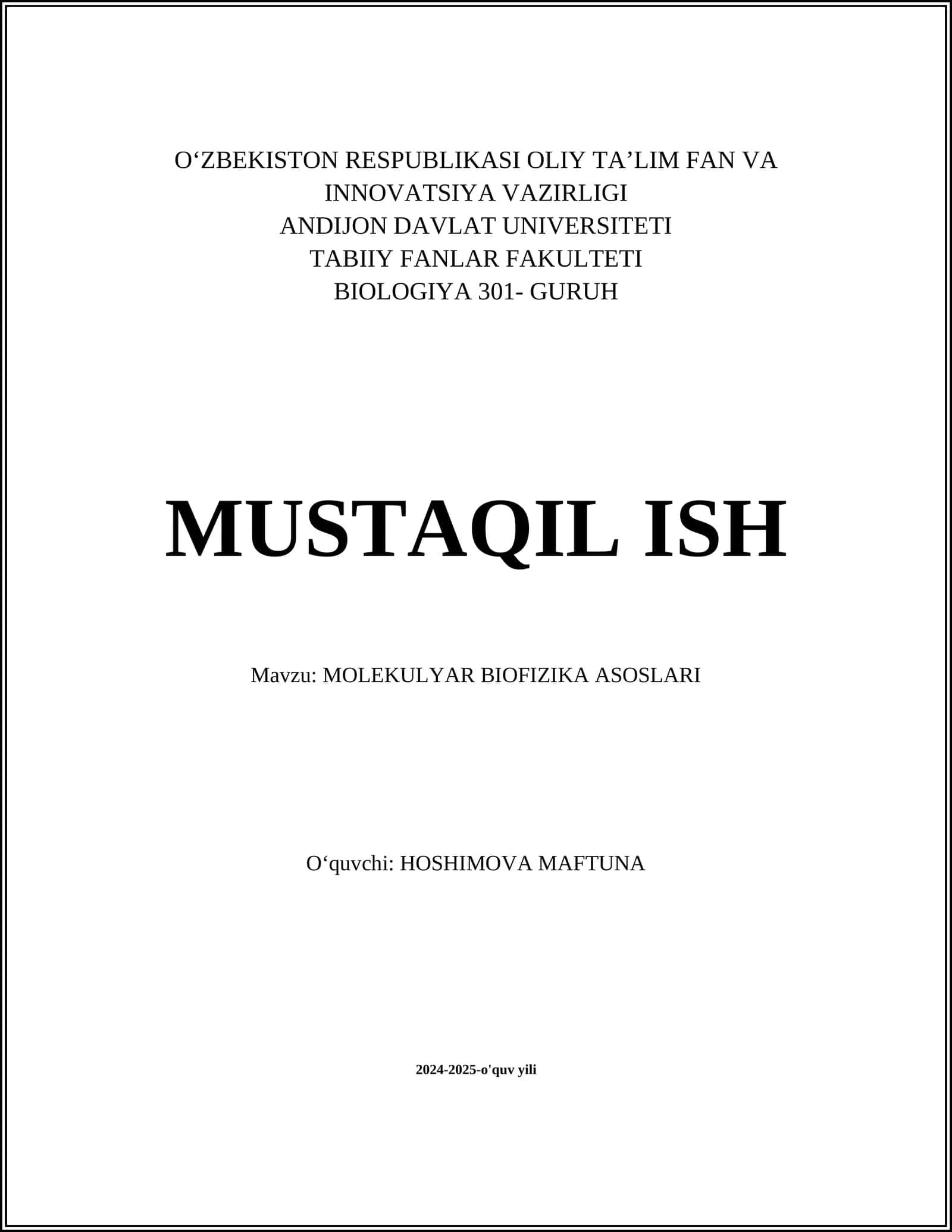 MOLEKULYAR BIOFIZIKA ASOSLARI