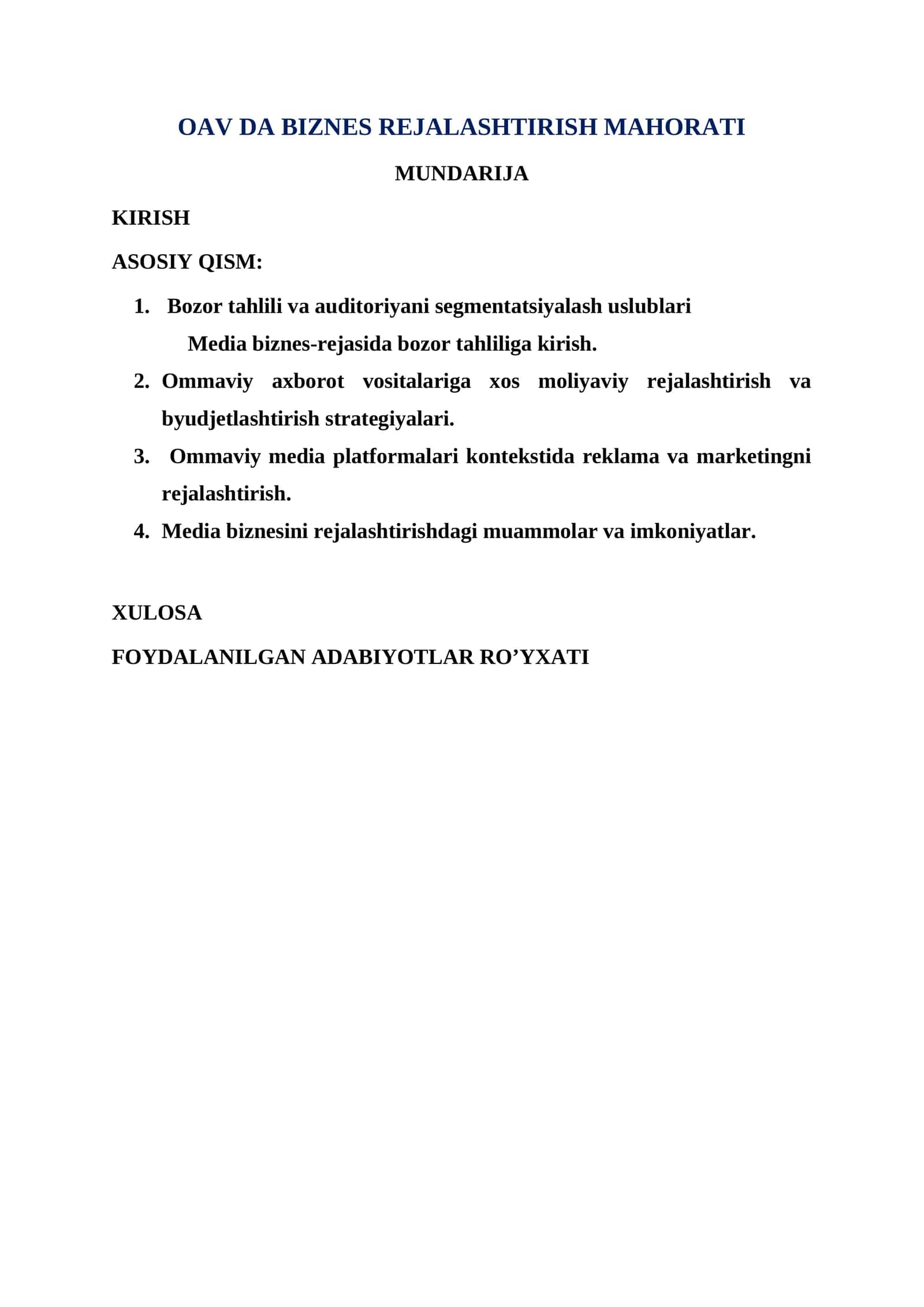 OAV DA BIZNES REJALASHTIRISH MAHORATI