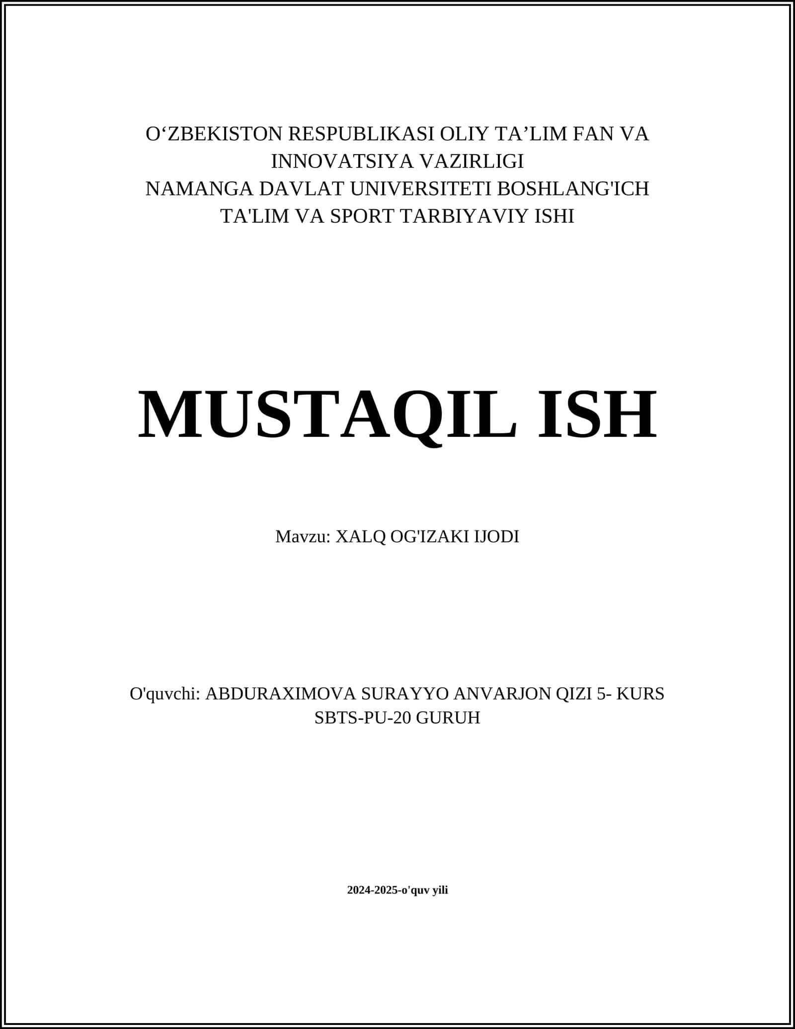 XALQ OG'IZAKI IJODI
