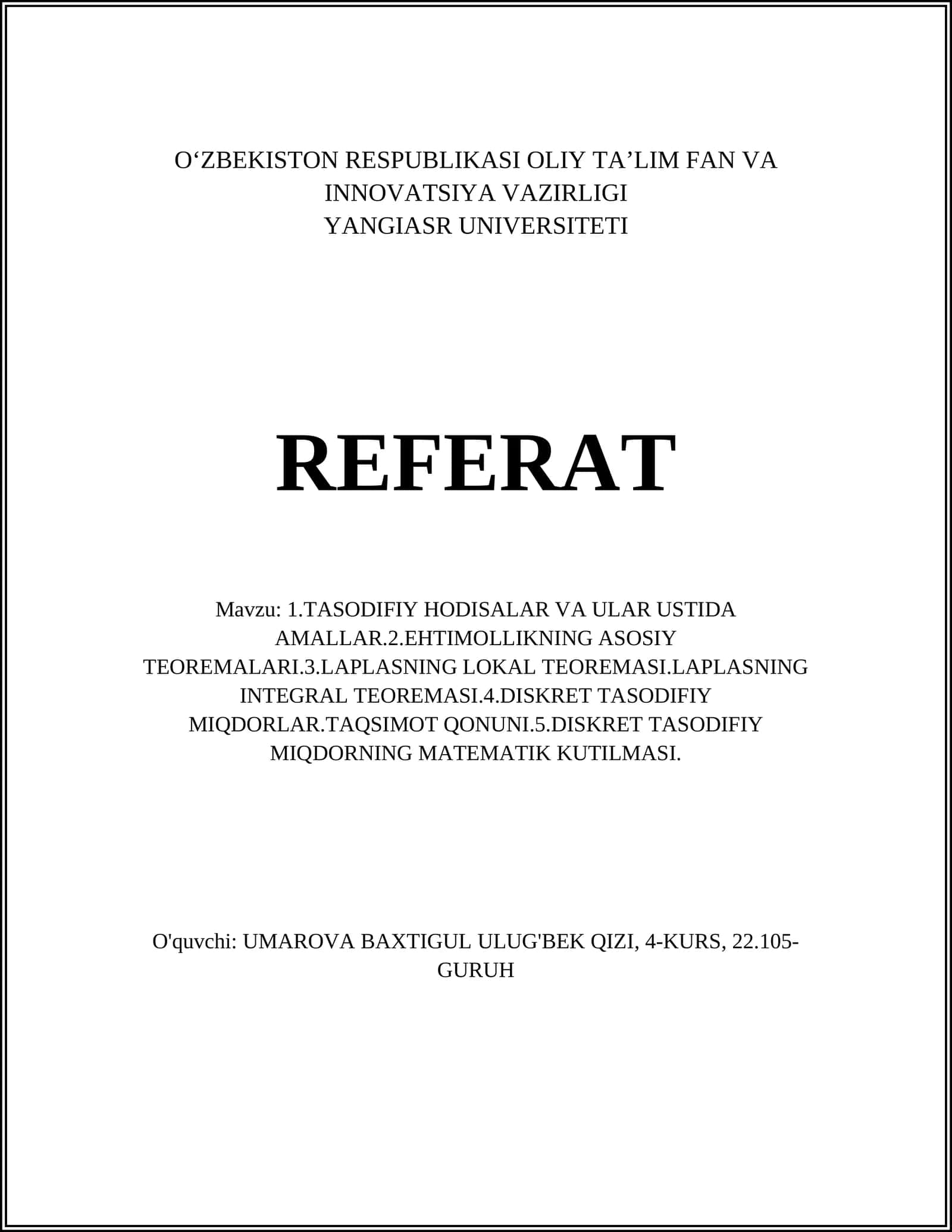 TASODIFIY HODISALAR VA ULAR USTIDA AMALLAR