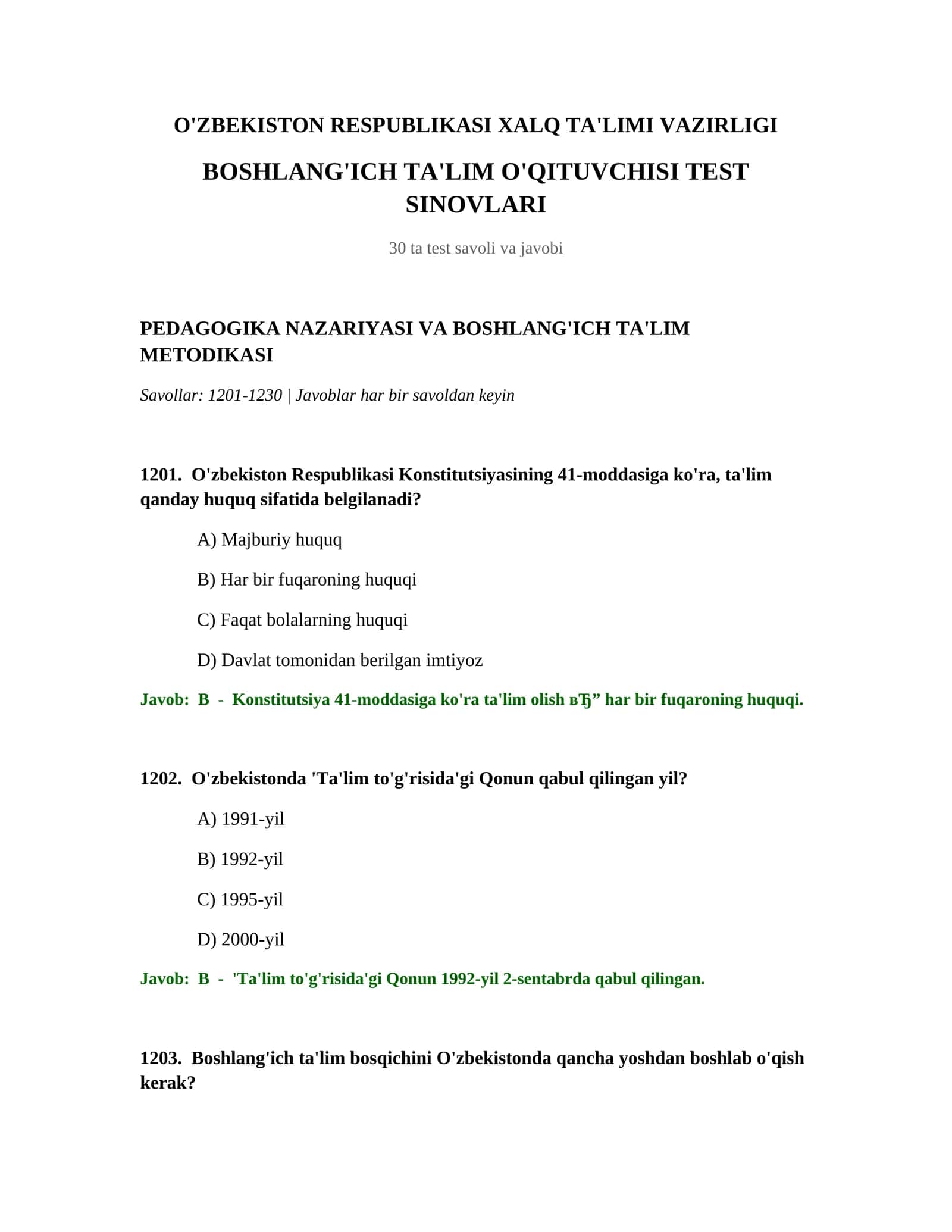 BOSHLANG'ICH TA'LIM O'QITUVCHISI TEST SINOVLARI