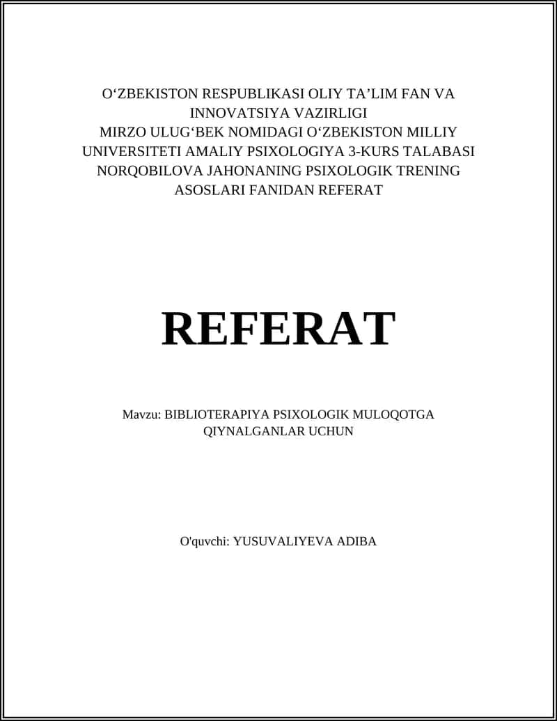 Bibioterapiya Psixologik Muloqotga Qiynalganlar Uchun