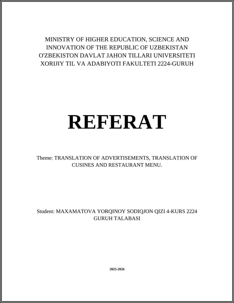 TRANSLATION OF ADVERTISEMENTS, TRANSLATION OF CUSINES AND RESTAURANT MENU