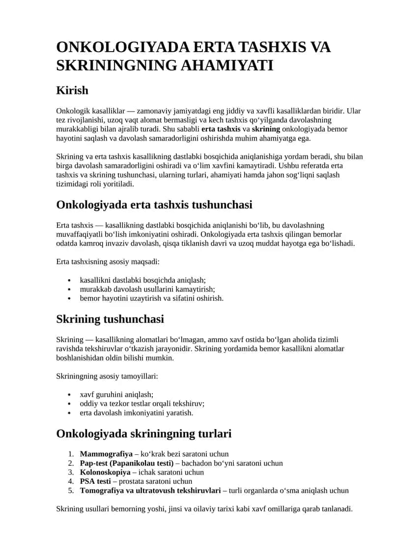 ONKOLOGIYADA ERTA TASHXIS VA SKRININGNING AHAMIYATI