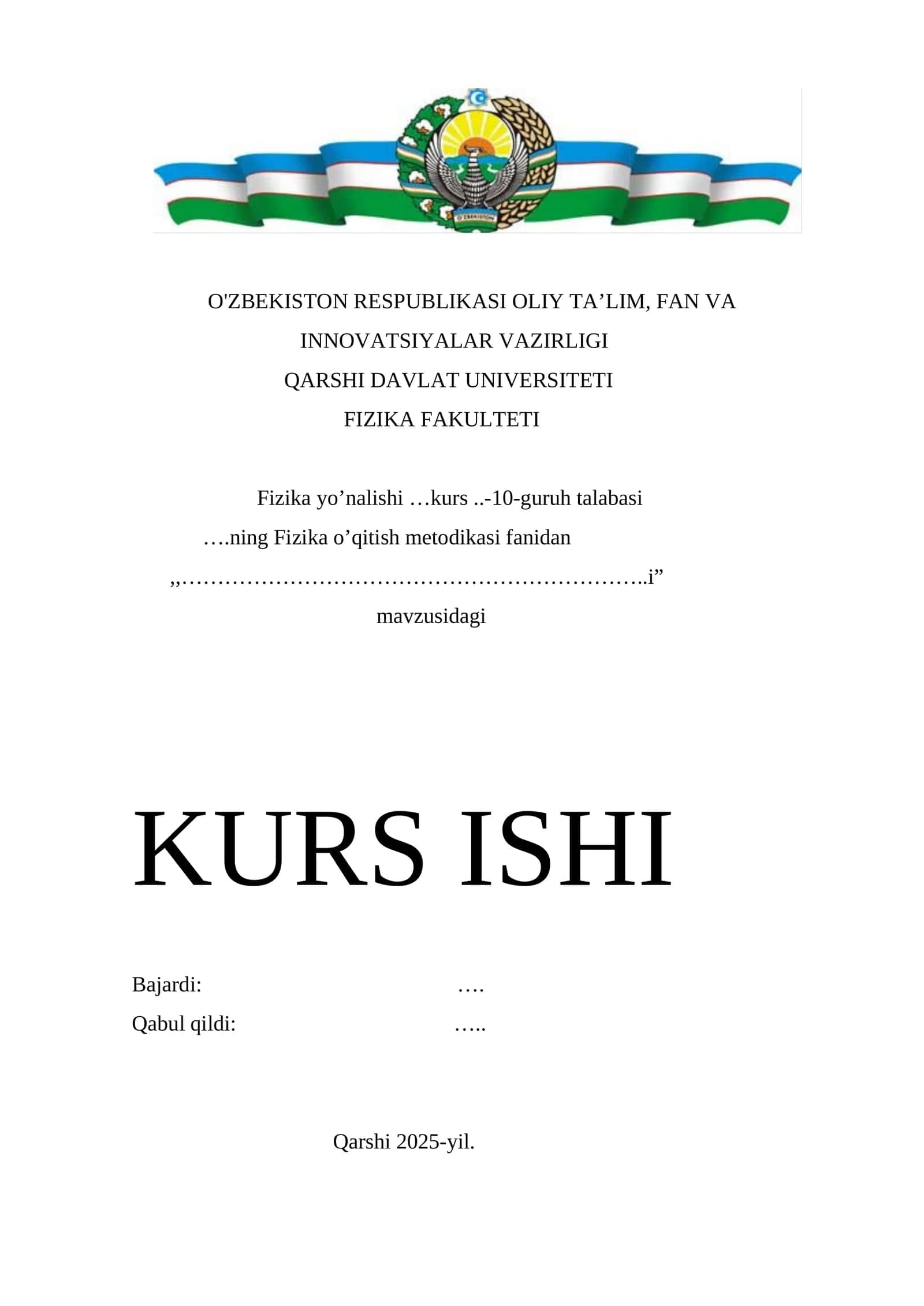 Kurs ish yuzi tayyor va sifatli ma'lumot