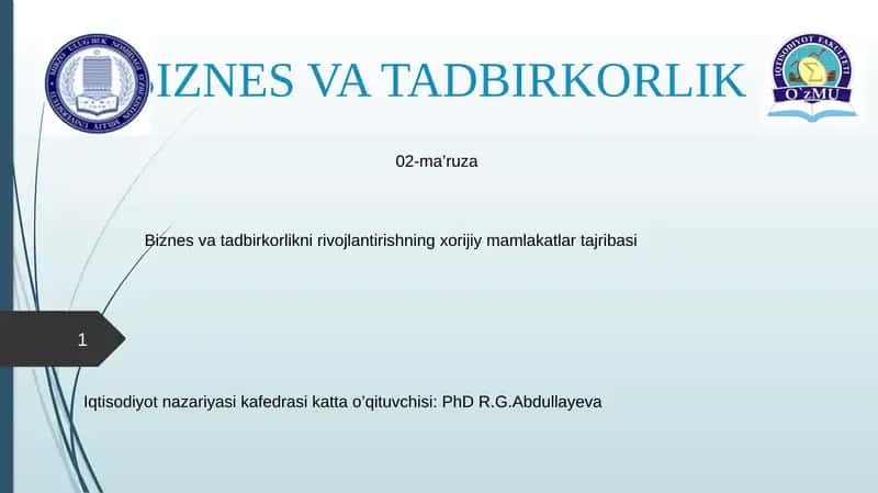 Biznes va tadbirkorlikni rivojlantirishning xorijiy mamlakatlar tajribasi