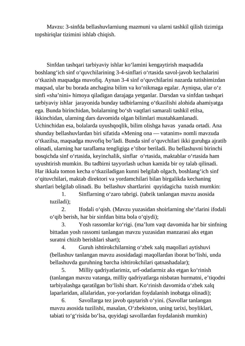 3-sinfda bellashuvlarniung mazmuni va ularni tashkil qilish tizimiga topshiriqlar tizimini ishlab chiqish