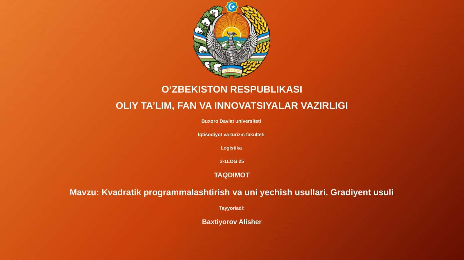 Kvadratik programmalashtirish va uni yechish usullari. Gradiyent usuli