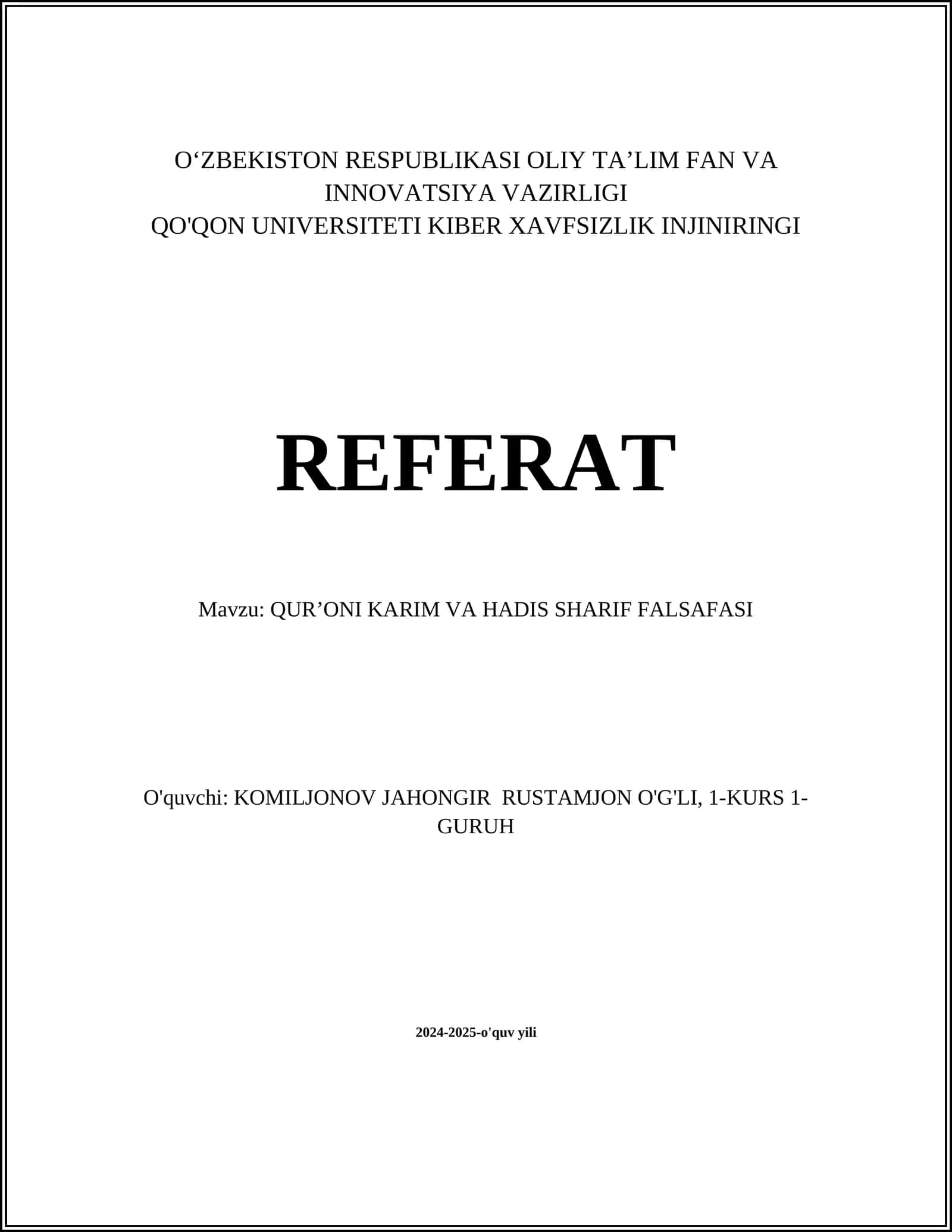 QUR’ONI KARIM VA HADIS SHARIF FALSAFASI