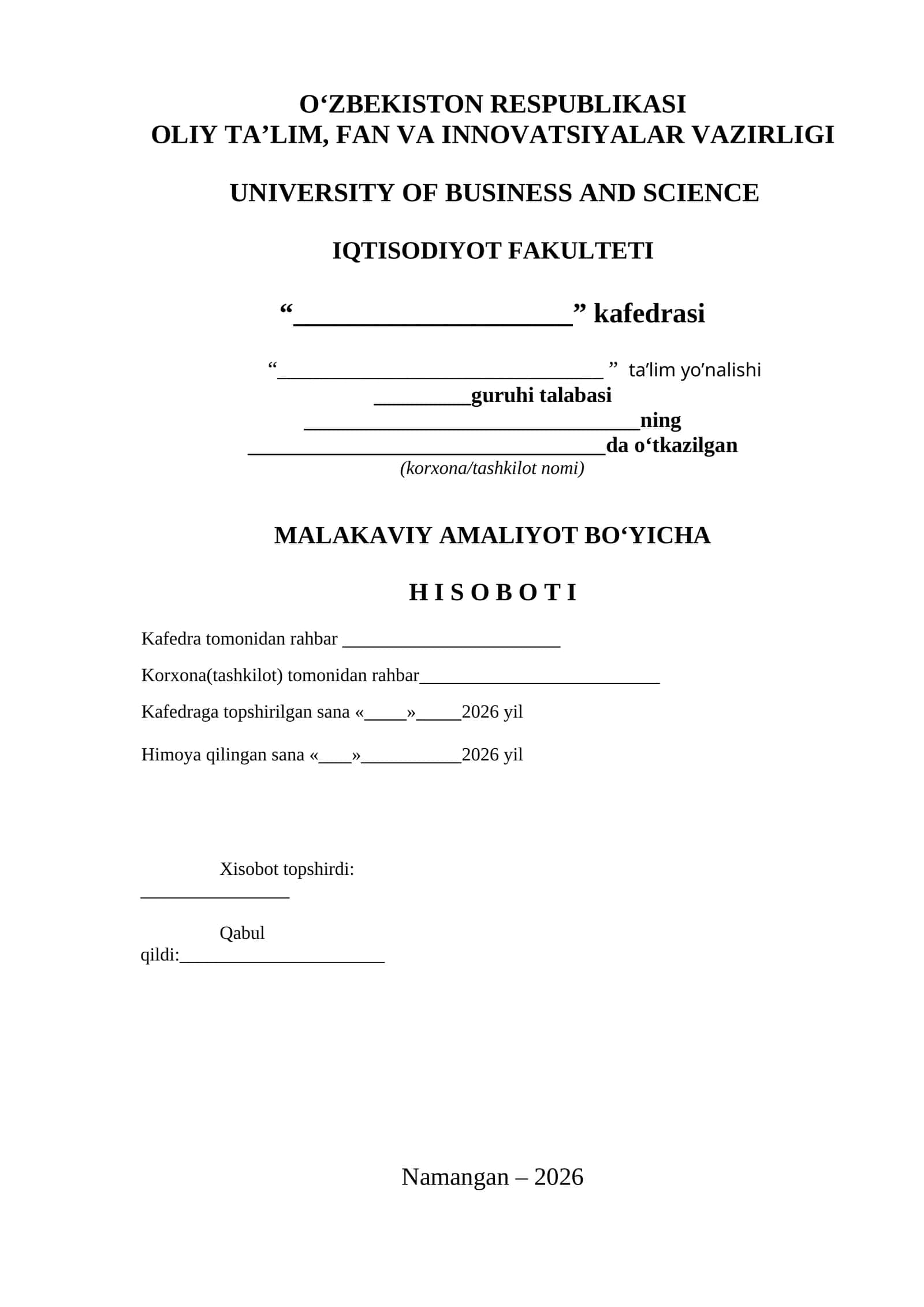 MALAKAVIY AMALIYOT BO'YICHA HISOBOTI