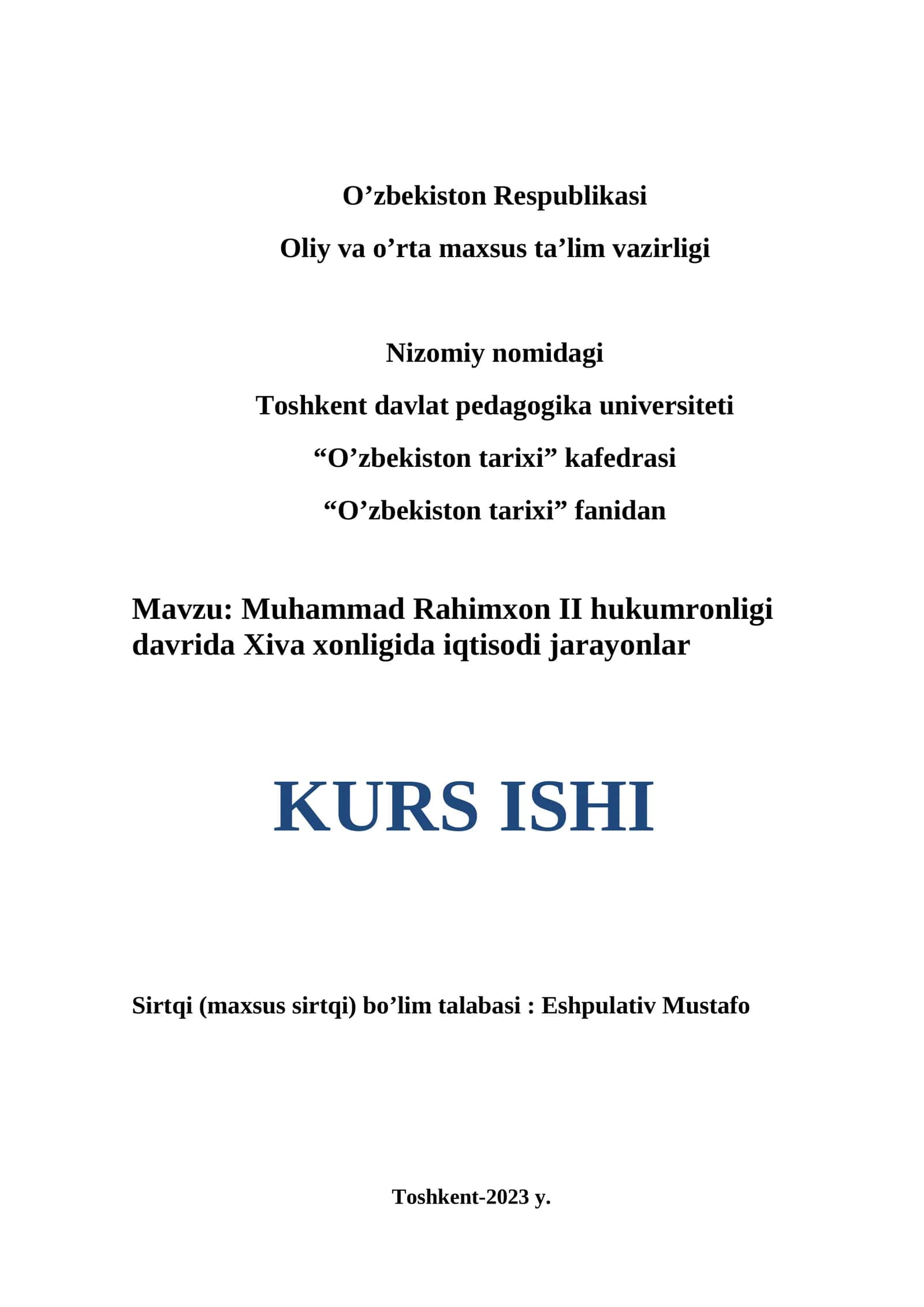 Muhammad Rahimxon II hukumronligi davrida Xiva xonligida iqtisodi jarayonlar KURS ISHI
