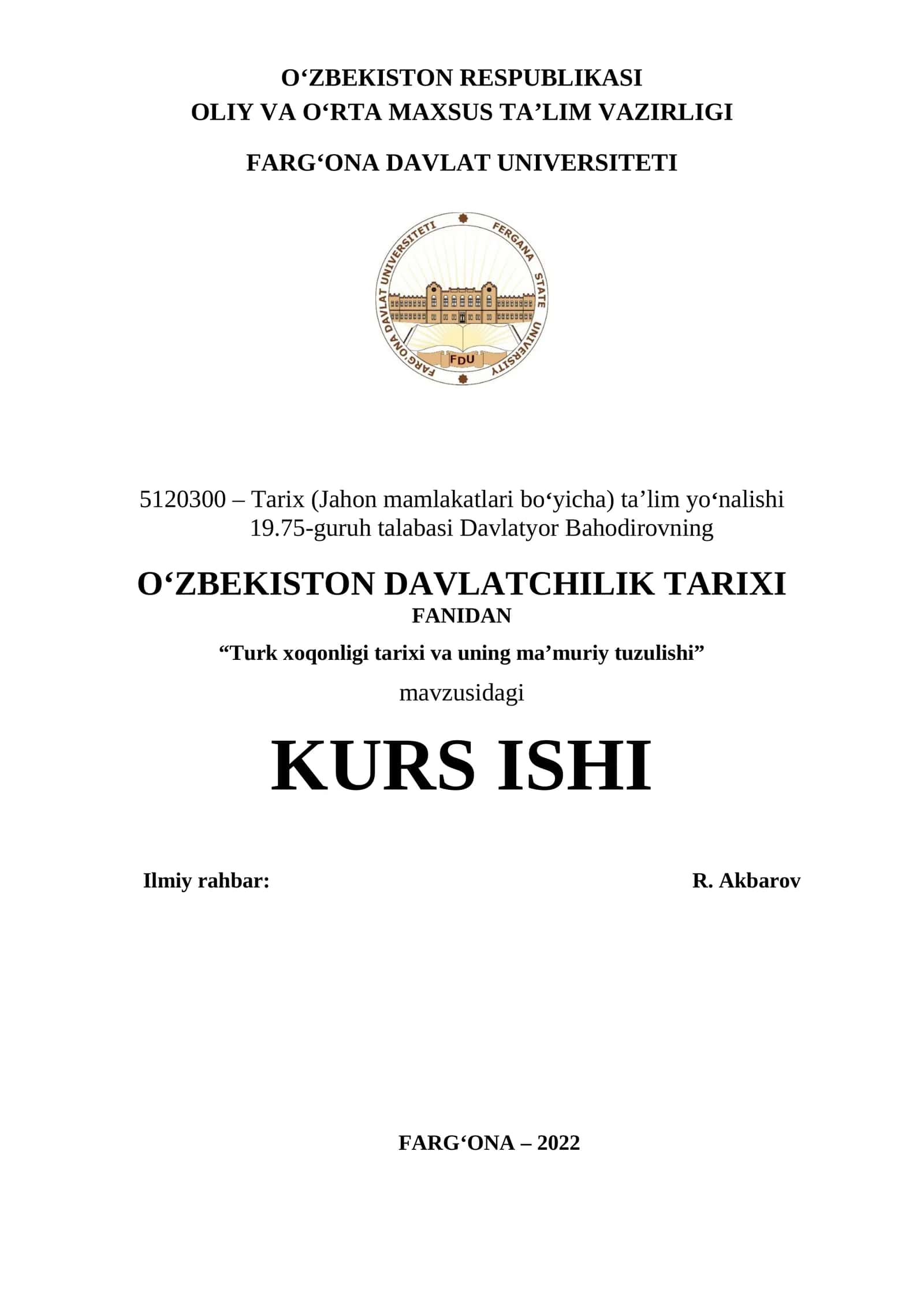 Turk xoqonligi tarixi va uning ma’muriy tuzulishi