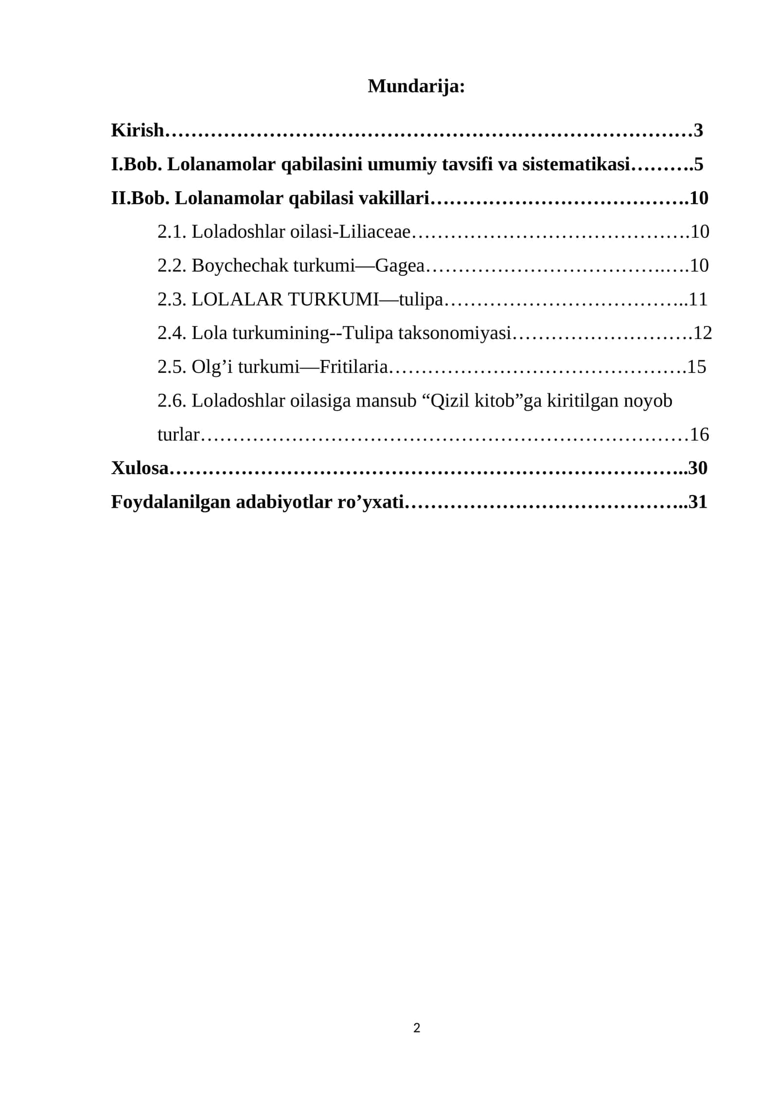 Lolalar turkumi—Tulipa