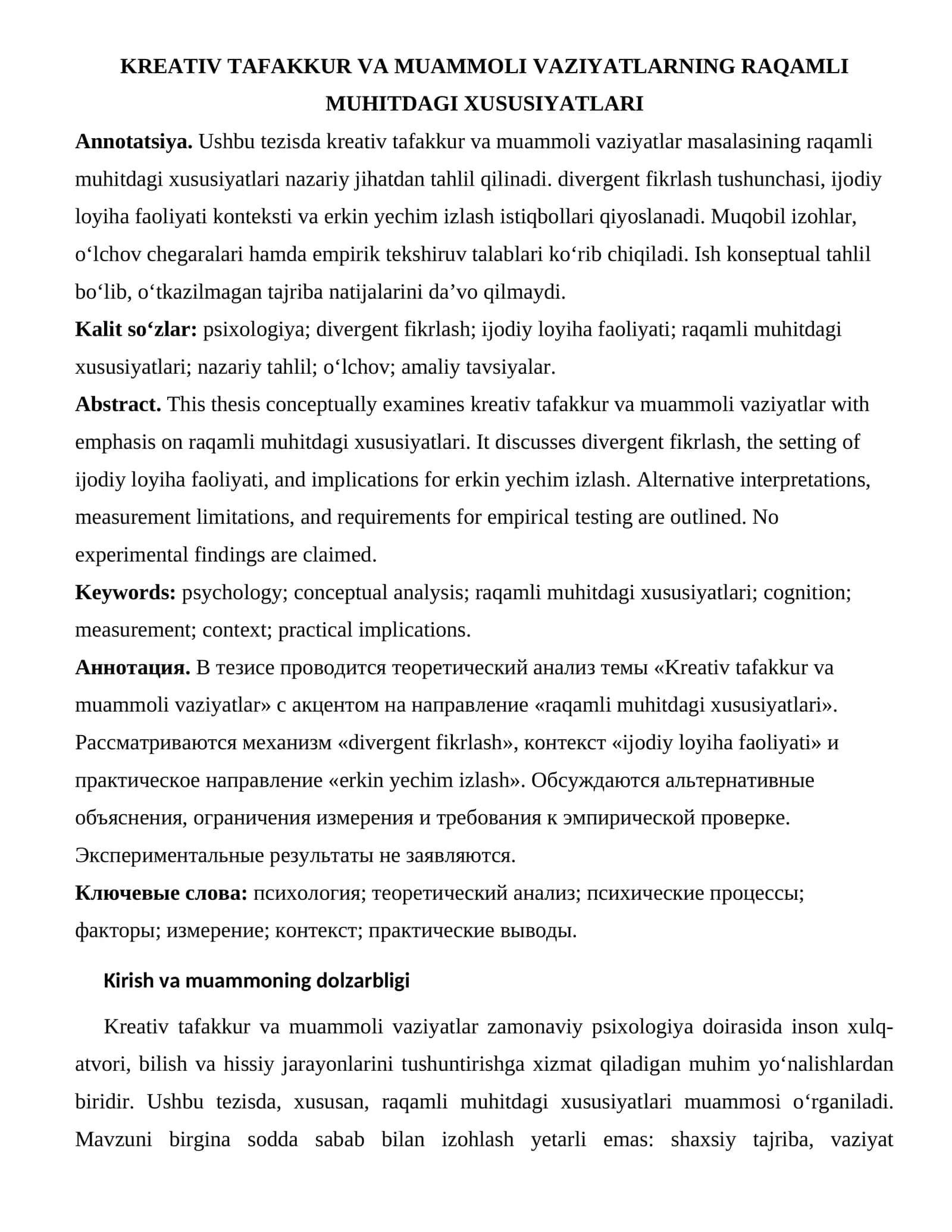 KREATIV TAFAKKUR VA MUAMMOLI VAZIYATLARNING RAQAMLI MUHITDAGI XUSUSIYATLARI