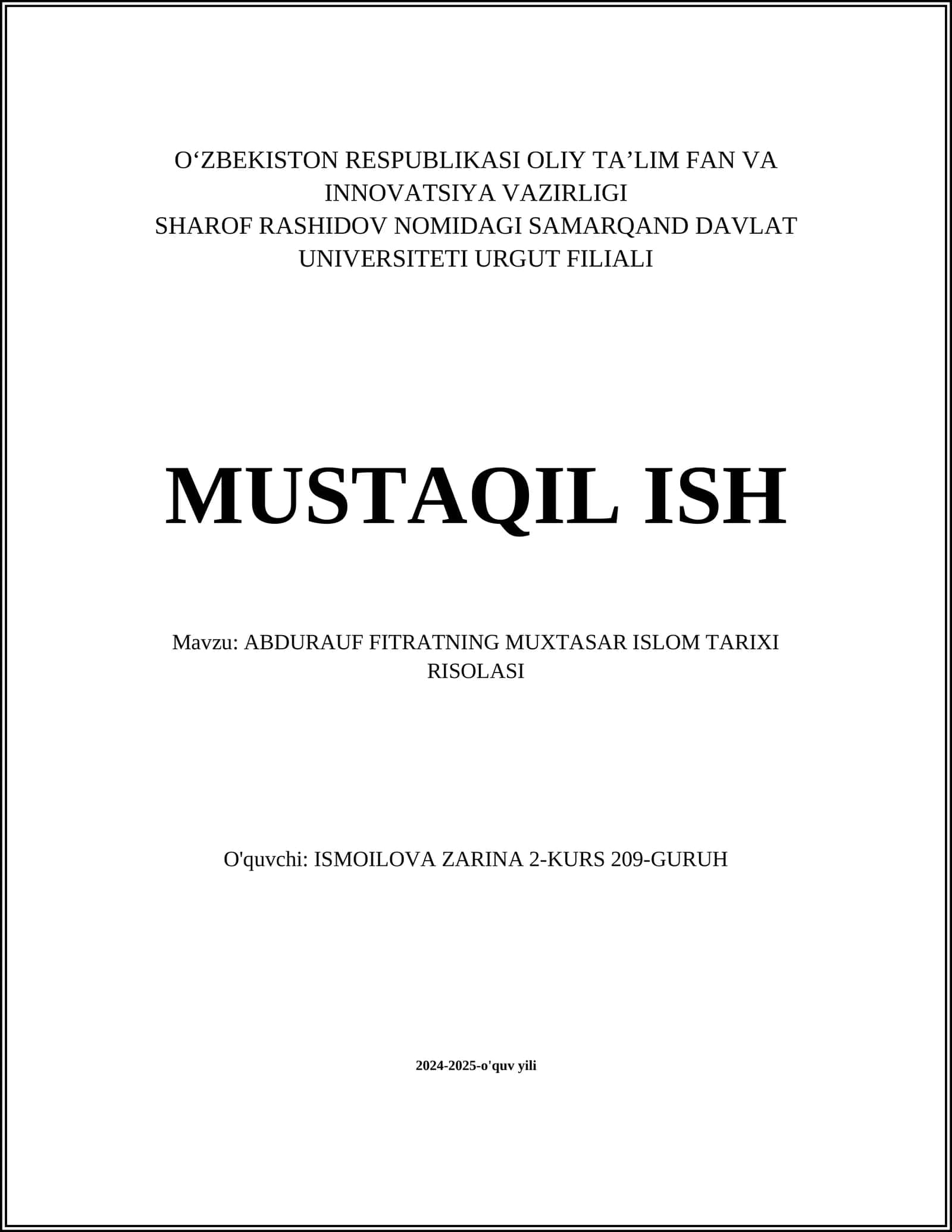Abdurauf Fitratning Muxtasar Islom Tarixi Risolasi